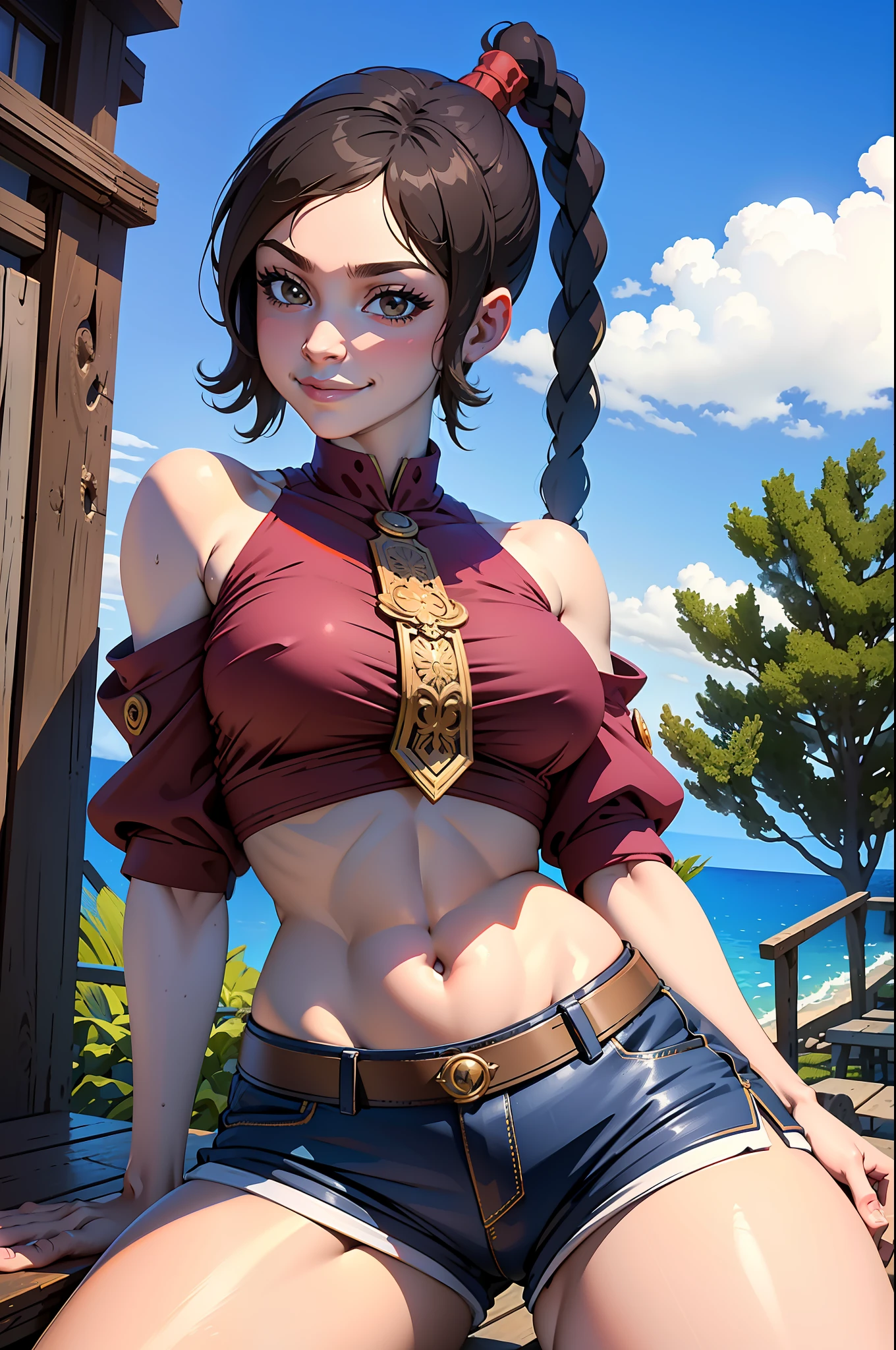 ultra-realistic 8K CG, masterpiece, ((ultra detailed background, fine drawing, intricate details, high detail, better quality fine details, hyper-detailed face)), (photorealistic: 1.4), beautiful lighting, absurdity, RAW photo, film grain, TyLee, 1girl, solo, brown hair, braid, smile, long hair, brown eyes, navel, belly, braided tail, (short shorts, wet shirt), (medium breasts, slim girl, wide hips, ass), squats, spread legs, ((complex detailed background, outside, medieval background, blue sky, tavern)), erotica, wet skin