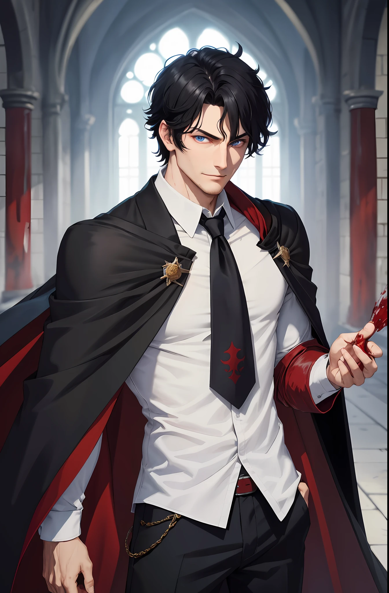 masterpiece, man, solo, black hair, short hair, blue eyes, red pupil, smirk, black cloak, white shirt, tie, upper body, pants, background middle, castle, hero summoning hall, blood on shirt, blood, standing