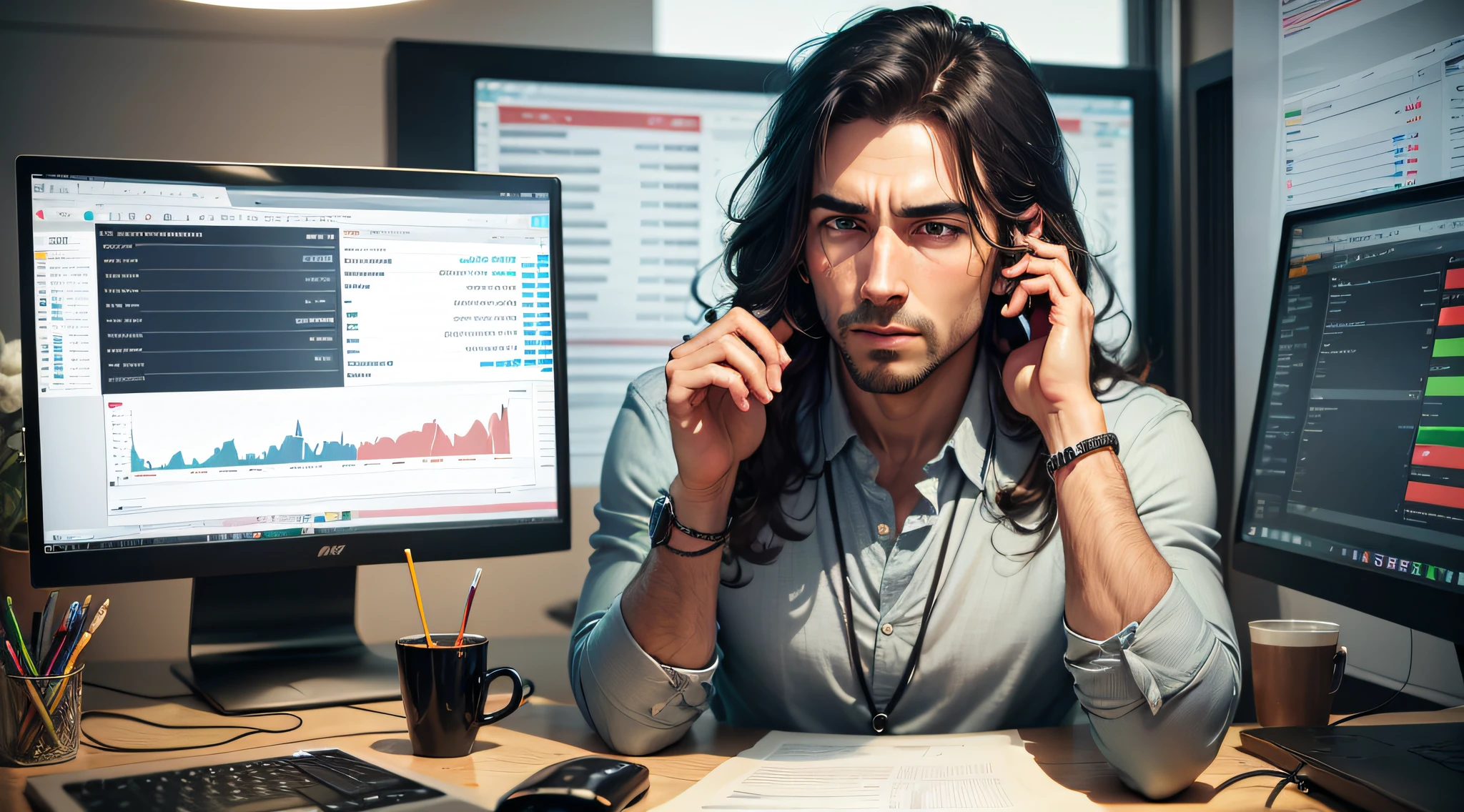 MAN, INVESTING, RICH, CAR, HOUSE, INVESTMENT CHART, SITTING INTO THE COMPUTER --auto --s2