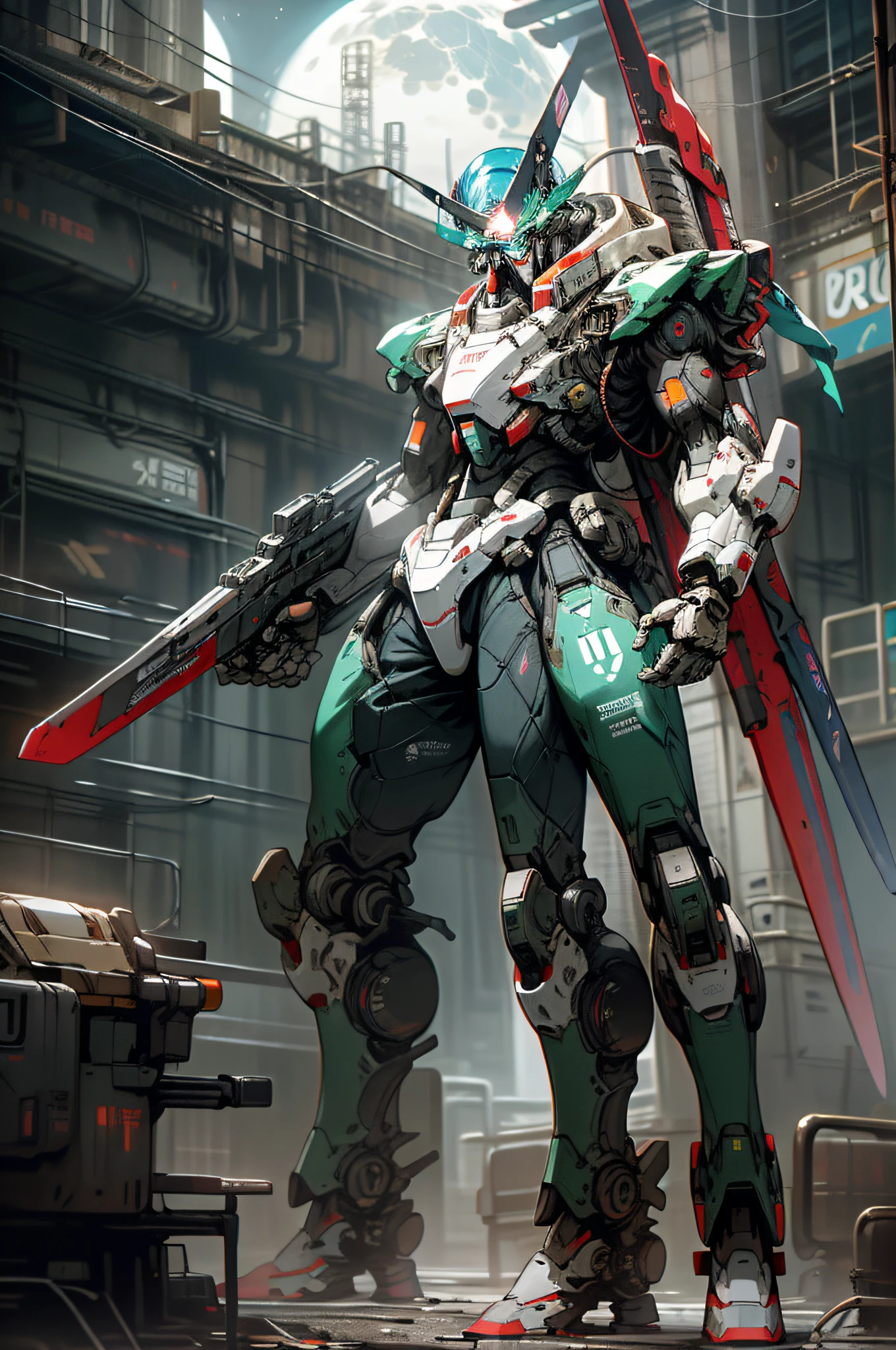On the moon, sterile planets, ruins, holding_weapon, no_humans, bright, robot, construction, glowing_eyes, red mecha, science fiction, city, realistic, mecha, background of the Milky Way, neon, cyberpunk, macross, robotec, valquire hunt, full body, battle pose,