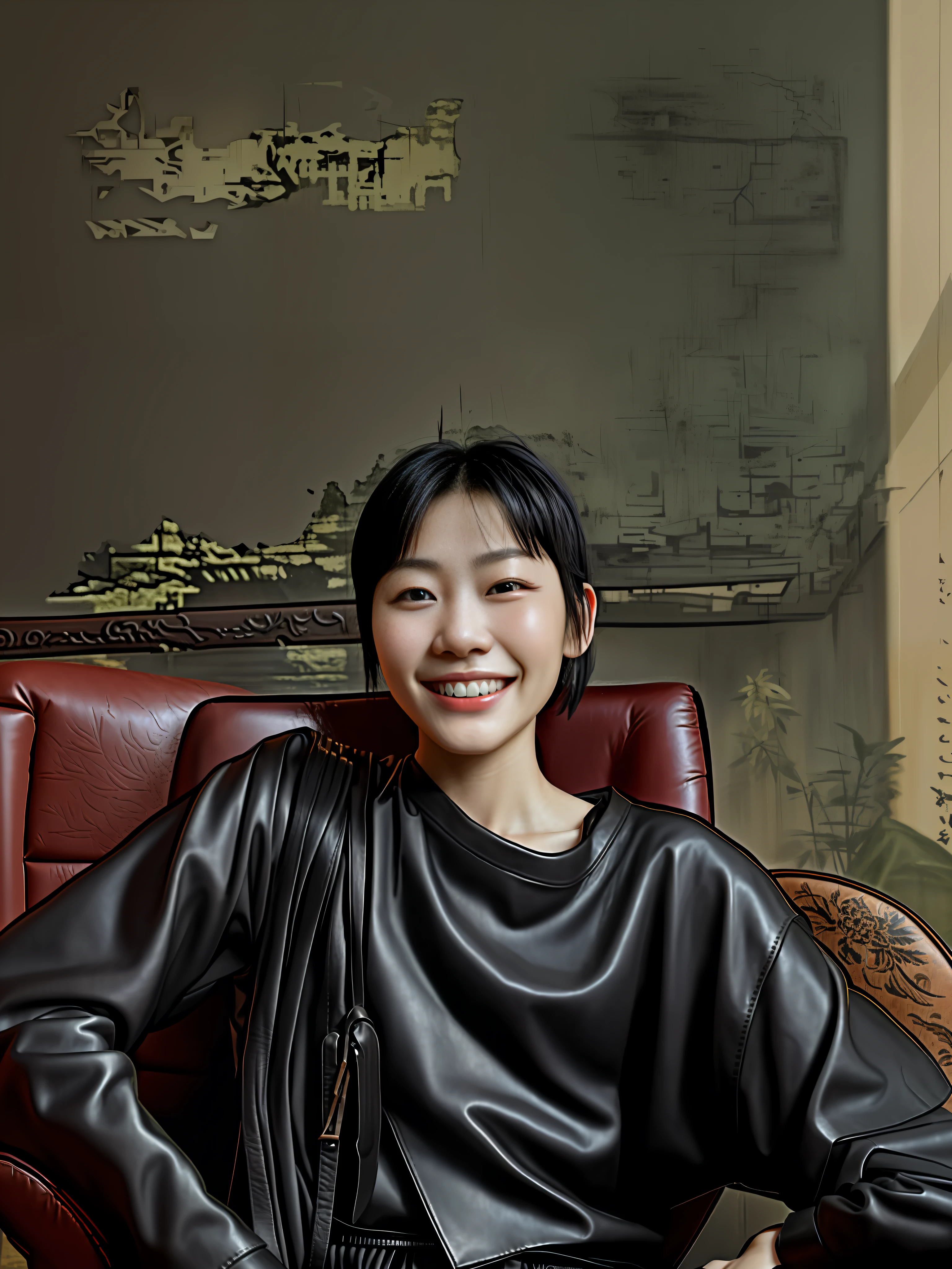 There is a woman in leather clothes sitting on a leather chair, hands crossed at the waist, Chen Xintong, she is smiling, she is smiling, happy, with short hair, Nam Jae-yeon, inspired by Kim Jong-hui, Choi Hyun-hwa, Ye Wenfei, smiling sweetly, cute smile, Zhang Tingting, Qiansui, avatar avatar, Gongbi
