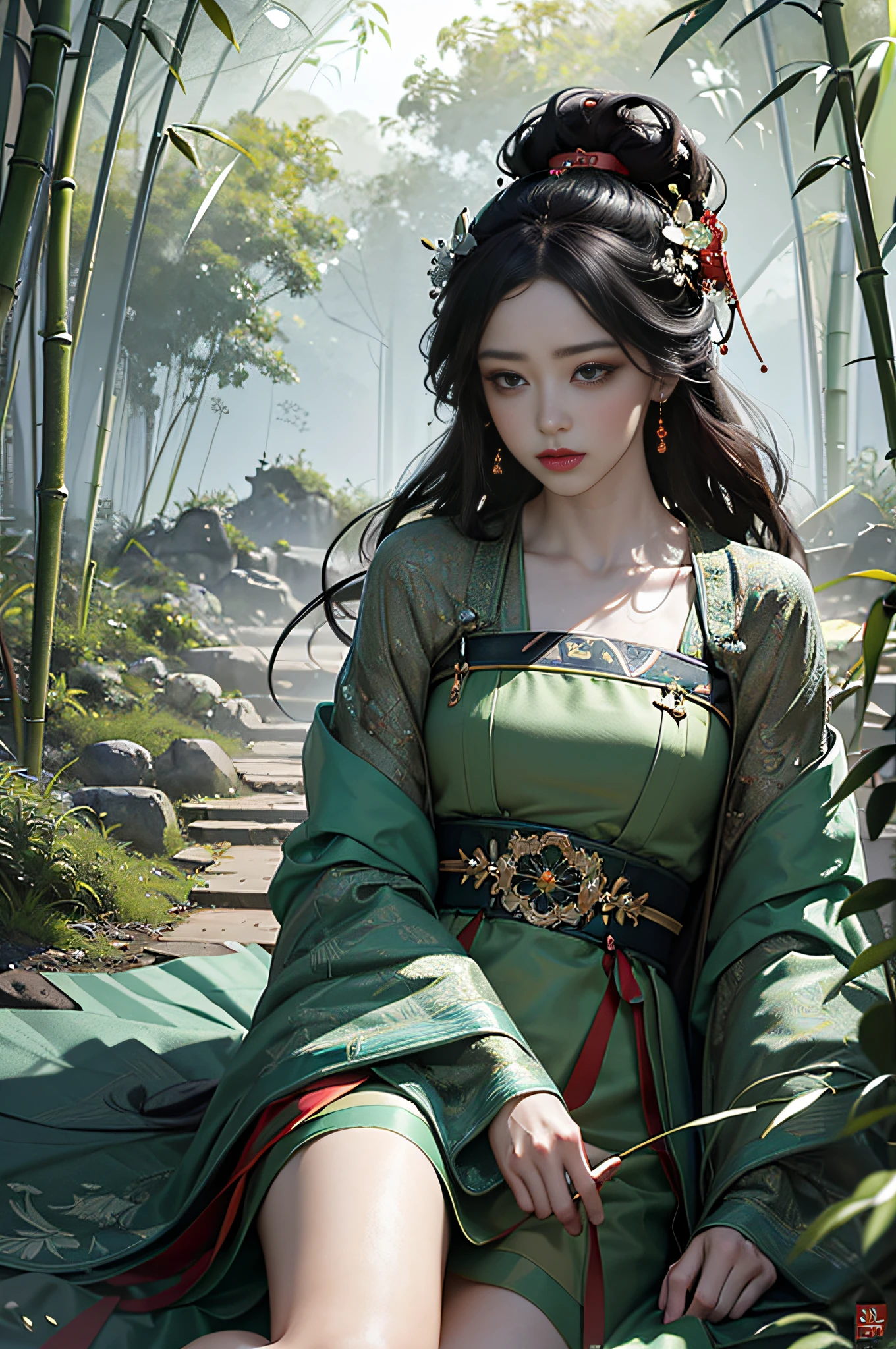 official art, Unity 8k wallpaper, ultra-detailed, beautiful, beautiful, masterpiece, best quality, mystery, romanticism, horror, literature, art, fashion, tang dynasty era, decoration, intricate, embroidery, green hanfu, green tulle, 1 girl, black hair, sad, fatalistic, bust composition, dramatic composition, movie lighting, dynamic perspective, sexy, full of temptation, deep in bamboo forest, bamboo forest, bamboo leaves falling, small red flowers, bamboo forest background, cloudy fog, dramatic composition,