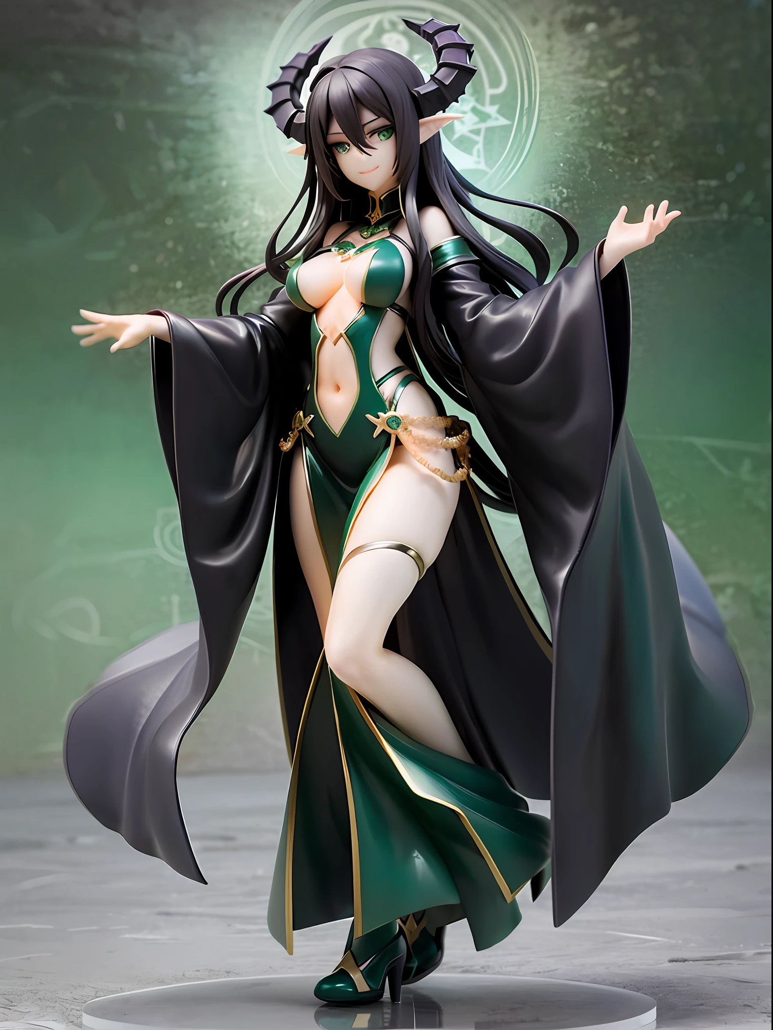 Lovecraftian goddess, black medium hair, emerald green eyes, mysterious smile, ancient deep green and black robe, arms wide open drawing ancient symbols, in the deep sea, front view, looking afar, average chest size, full body, deep dark background