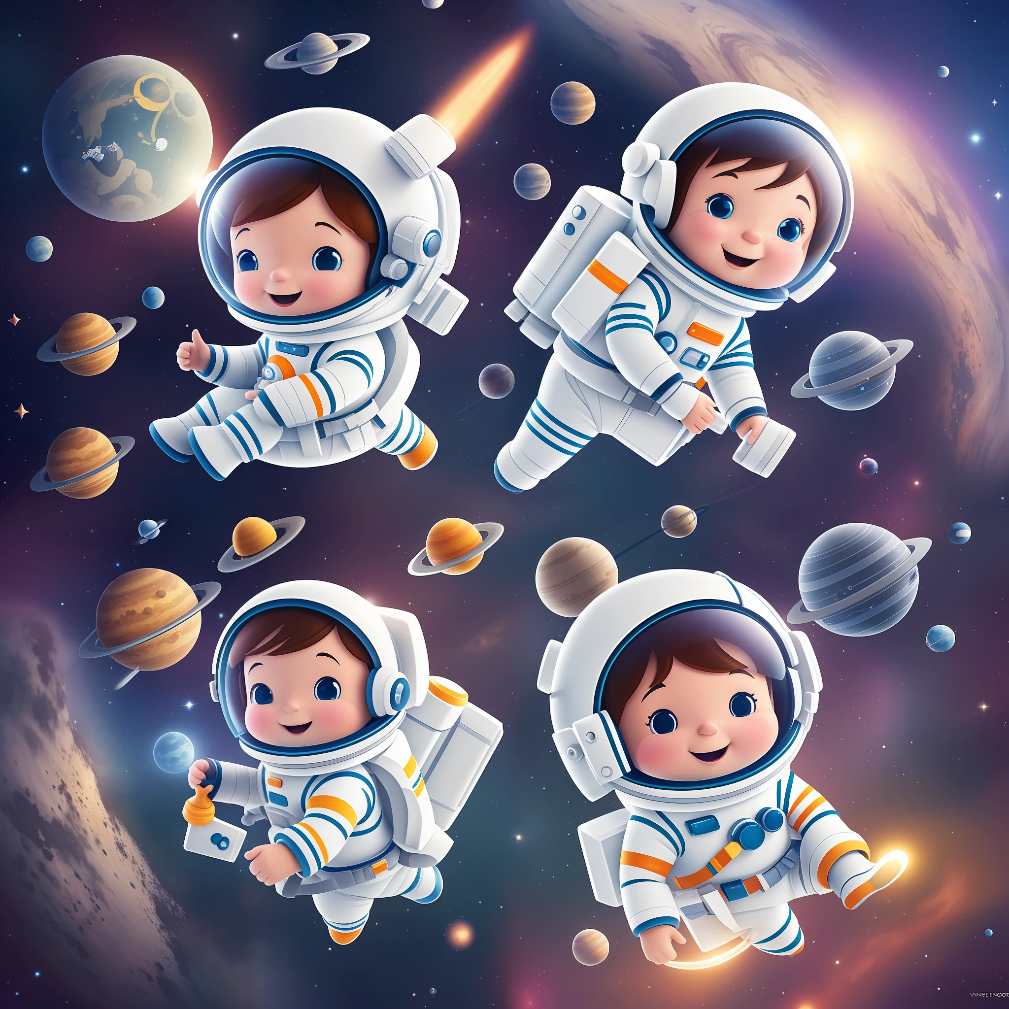 The Little Space Traveler, various poses and expressions on white background, children's book illustration style, highly detailed 4k digital art --auto --s2