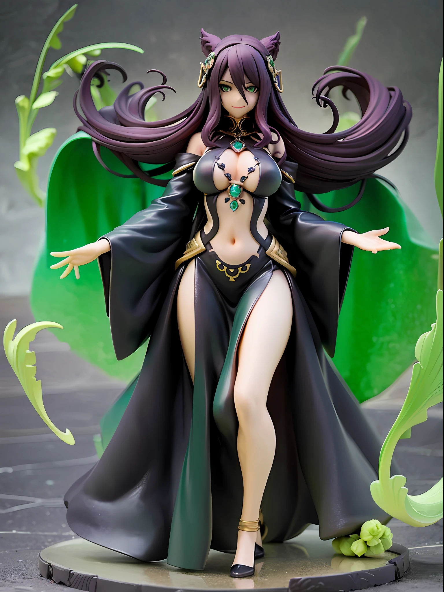 Lovecraftian goddess, black medium hair, emerald green eyes, mysterious smile, ancient deep green and black robe, arms wide open drawing ancient symbols, in the deep sea, front view, looking afar, average chest size, full body, deep dark background