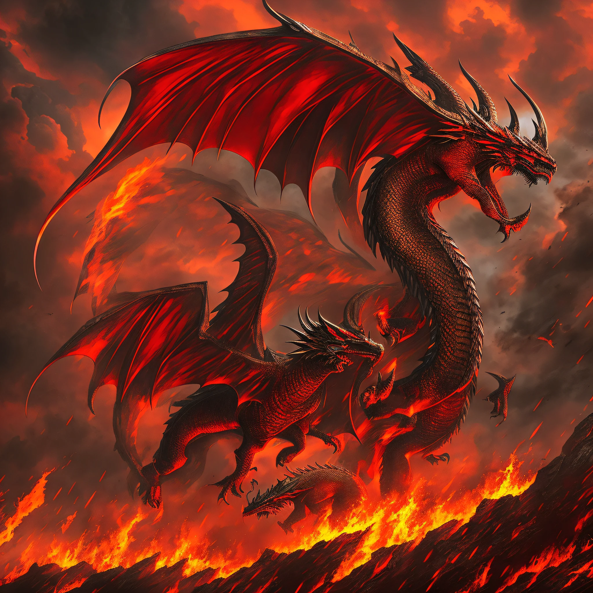 Red dragon with three heads, rain, red rays, fire, disaster, medieval, battle.