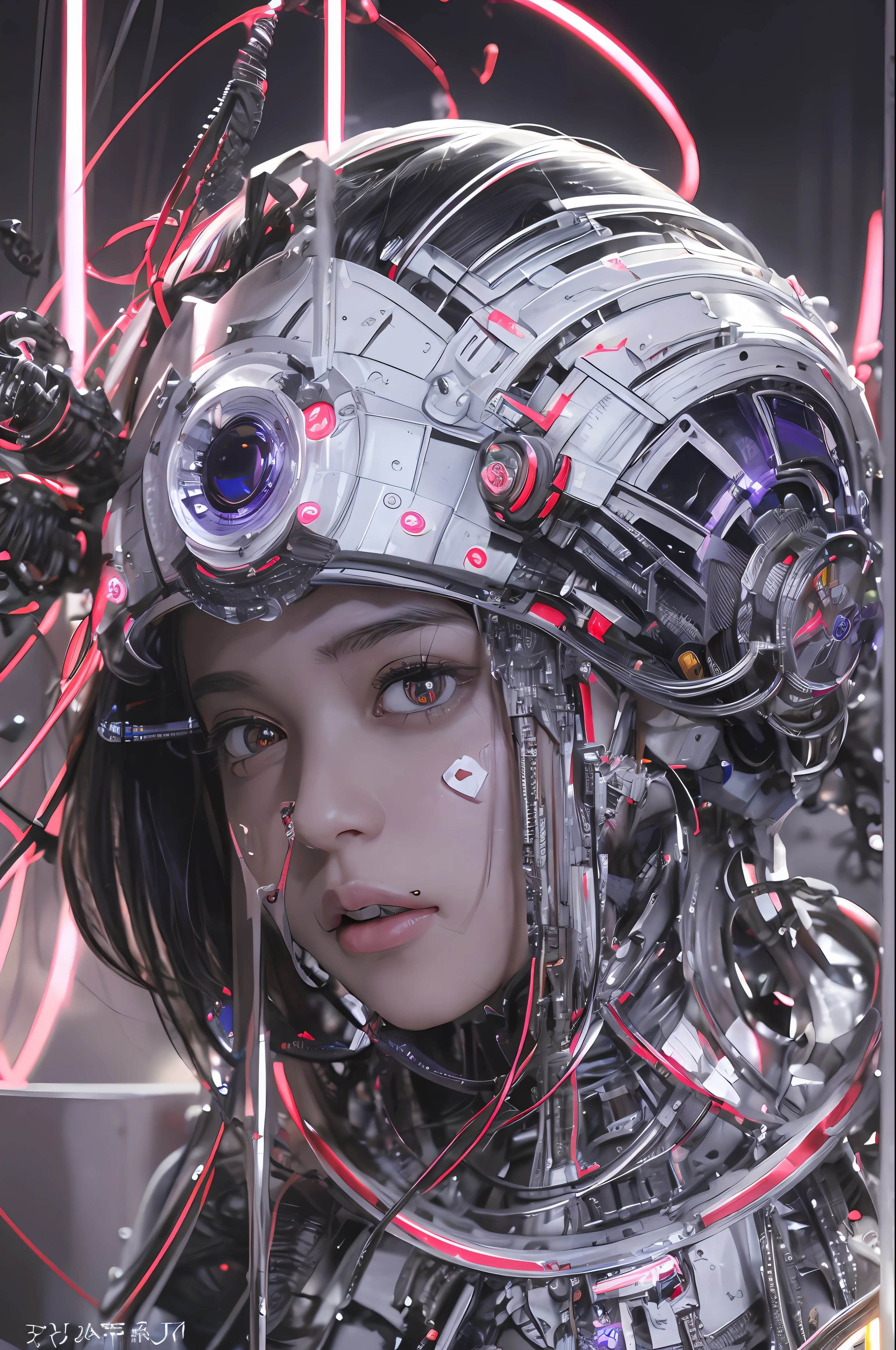 Top Quality, Masterpiece, Ultra High Resolution, (Photorealistic: 1.4), Raw Photo, 1 Girl, Black Hair, Glossy Skin, 1 Mechanical Girl, (Ultra Realistic Details)), Portrait, Global Illumination, Shadows, Octane Rendering, 8K, Ultra Sharp, Big, Cleavage Exposed Raw Skin, Metal, Intricate Ornament Details, Egyptian Details, Very intricate details, realistic light, CGSoation trend, purple eyes, glowing eyes, facing the camera, neon details, mechanical limbs, blood vessels connected to the tube, mechanical vertebrae attached to the back, mechanical cervical attachment to the neck, sitting, wires and cables connecting to the head, gundam, small LED lamps,