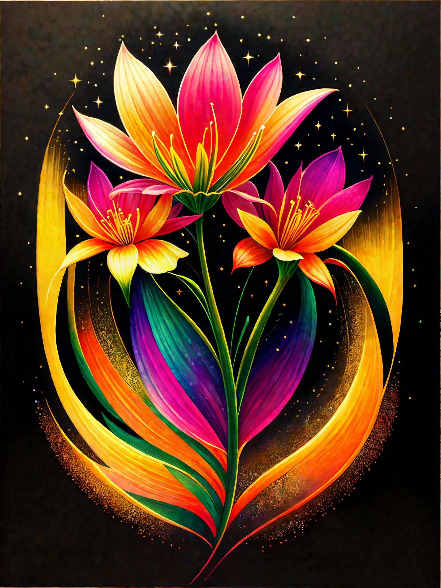 a painting of a colored lily on a black background,, breathtaking rendering, within a radiant connection, inspired by Kinuko Y. Craft,, magical elements, icon of a lily, wow, is beautiful, casting a multi colorful spell, bright flash, flash