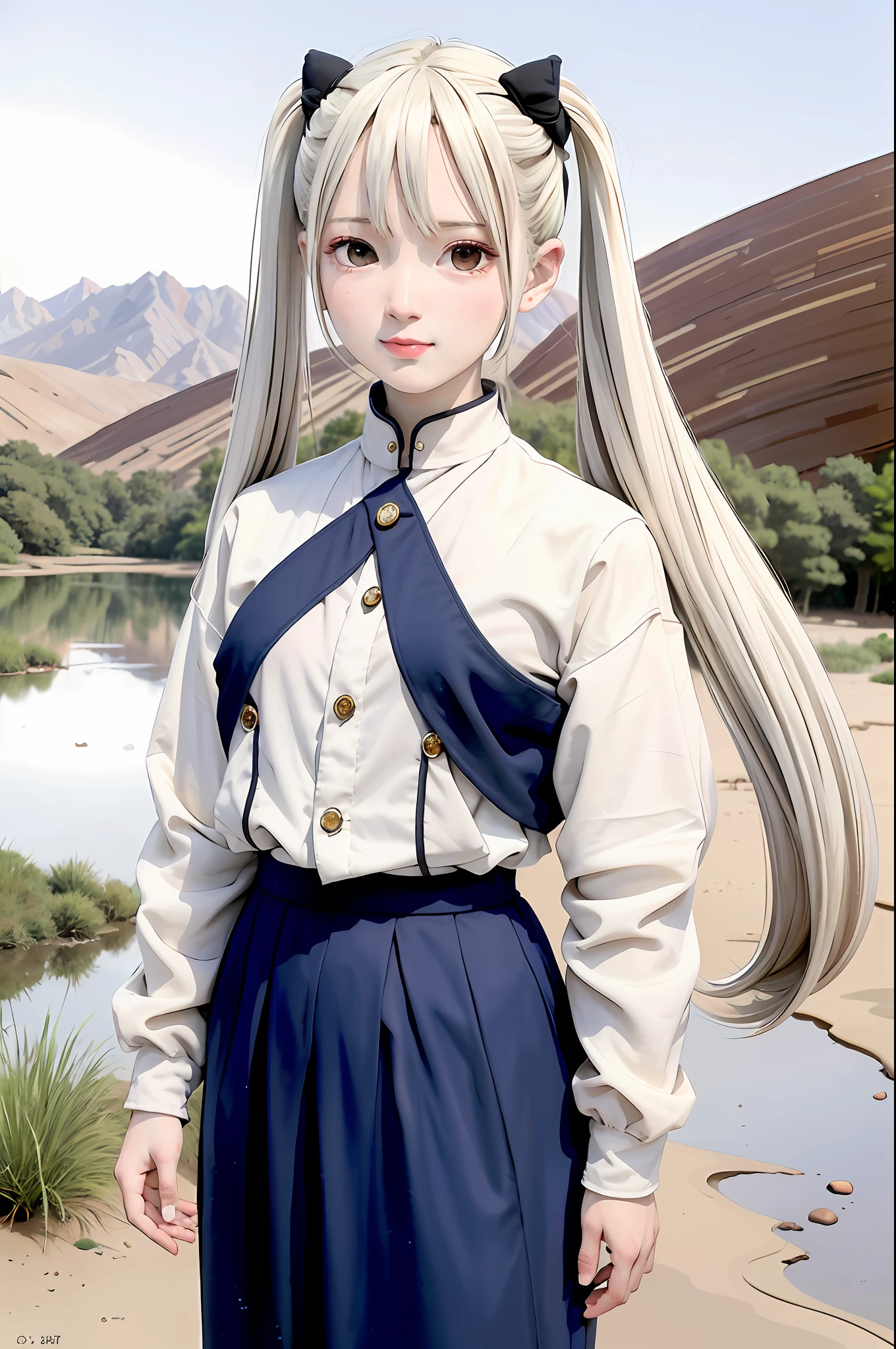 (masterpiece), top quality, excellent anatomy, shuimobi sim, (1 girl: 1), (upper body), (smile), (ecchi 0.5), (tree: 0.5), (flower: 0.6), (wooden house: 0.2), (bamboo forest: 0.2), (stream: 0.2), (river: 0.2), desert anime girl with scorpion in hand, painted in anime painter studio, made in anime painter studio, White-haired god, standing next to desert oasis, standing in the desert, official art, twin tail white_gloves s, distant desert planet, desert nomad