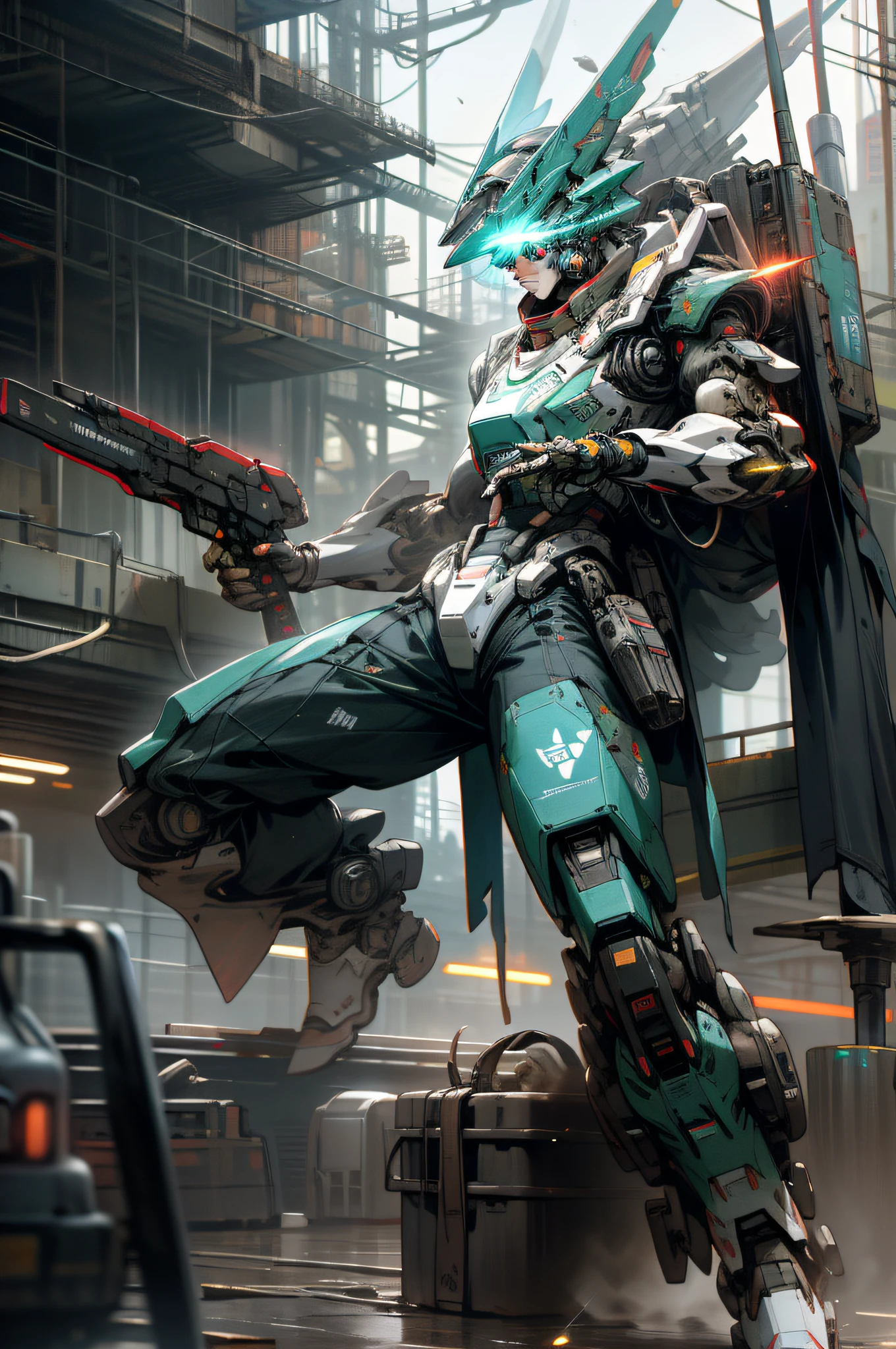 On the moon, sterile planets, ruins, holding_weapon, no_humans, bright, robot, construction, glowing_eyes, red mecha, science fiction, city, realistic, mecha, background of the Milky Way, neon, cyberpunk, macross, robotec, valquire hunt, full body, battle pose,