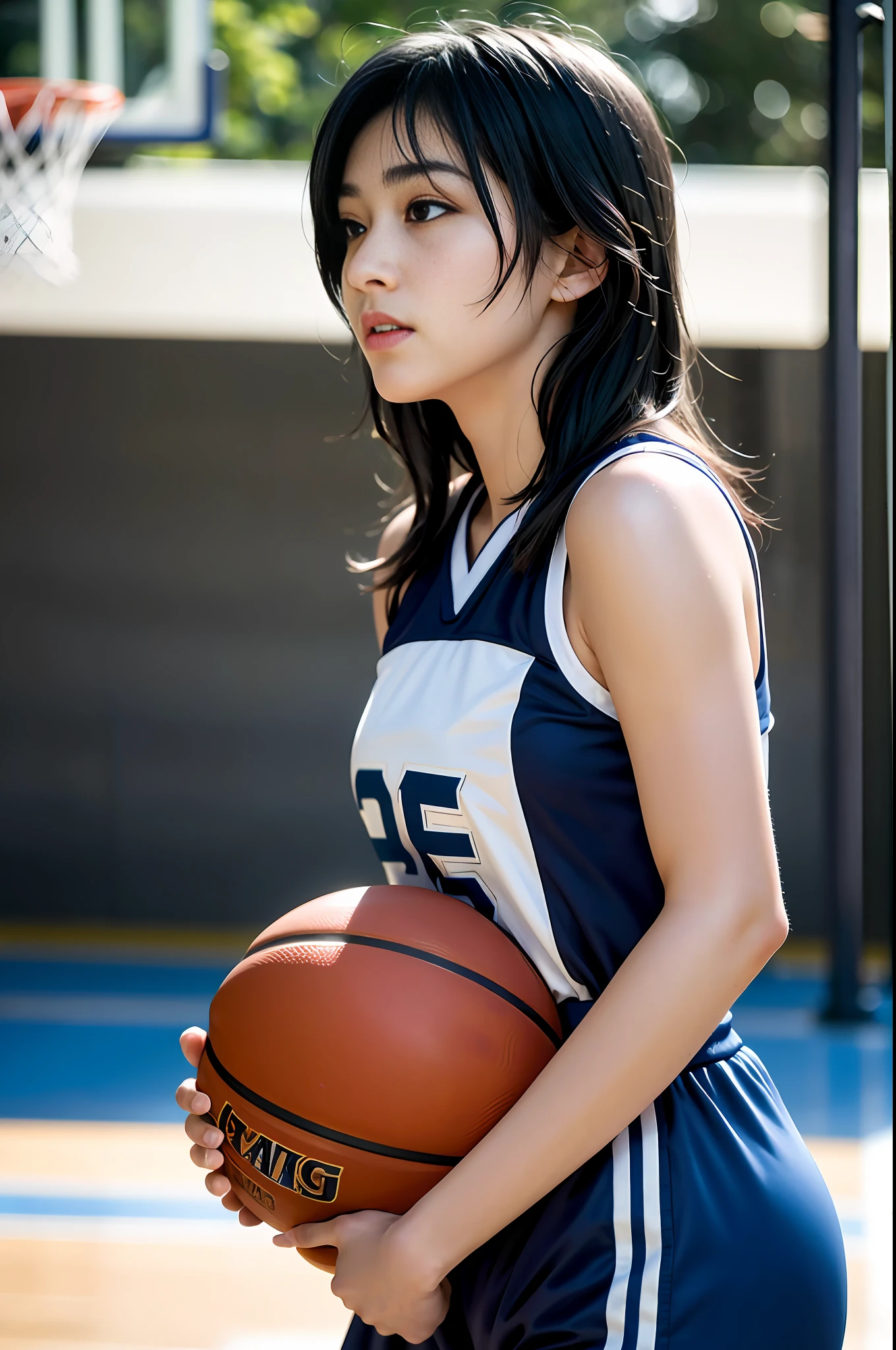 (8k, Best Quality, Masterpiece: 1.2), (Realistic, Photorealistic: 1.37), Super Detailed, Best Quality, Super High Resolution, Professional Lighting, Photon Mapping, Radiosity, Physically Based Rendering, Cinematic Lighting , basketball court, depth of field, focus, sun rays, good composition, (bokeh: 1.2), 1 girl, (whole body), (closed mouth), beautiful eyes, pose, constriction, basketball uniform, black hair , messy hair, long hair blowing in the wind,(ulzzang-6500:1.2) mix4, hiqcgbody