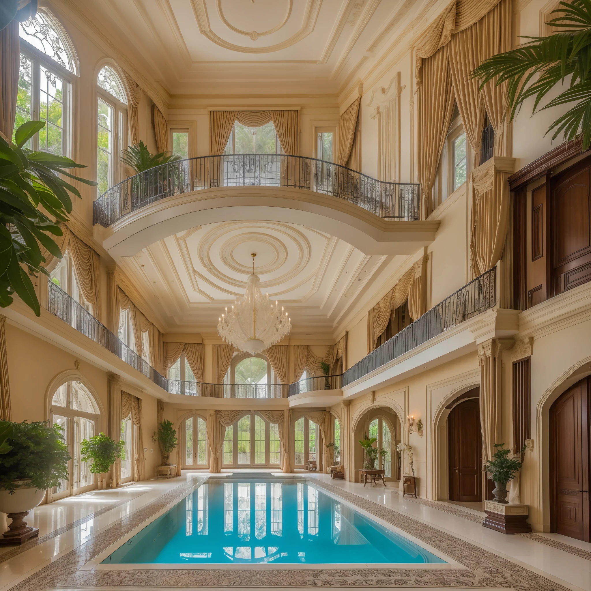 /imagine prompt: An imposing, luxurious mansion rises majestically amidst a vast verdant garden. The imposing columns and refined architecture display a timeless elegance. The intricate details on the walls and doors reveal the meticulousness of the craftsmanship. Large windows let in natural light, illuminating the spacious and exquisite rooms. The manicured gardens display a variety of colourful flowers and a gleaming swimming pool invites relaxation. Photo taken by Ricardo Silva with a Nikon D850 camera and 14-24mm lens, capturing the grandeur and charm of the mansion. The lighting is a mixture of soft natural light and strategically placed artificial lighting, enhancing the architectural beauty and creating a welcoming atmosphere. --V 5 --Q 2