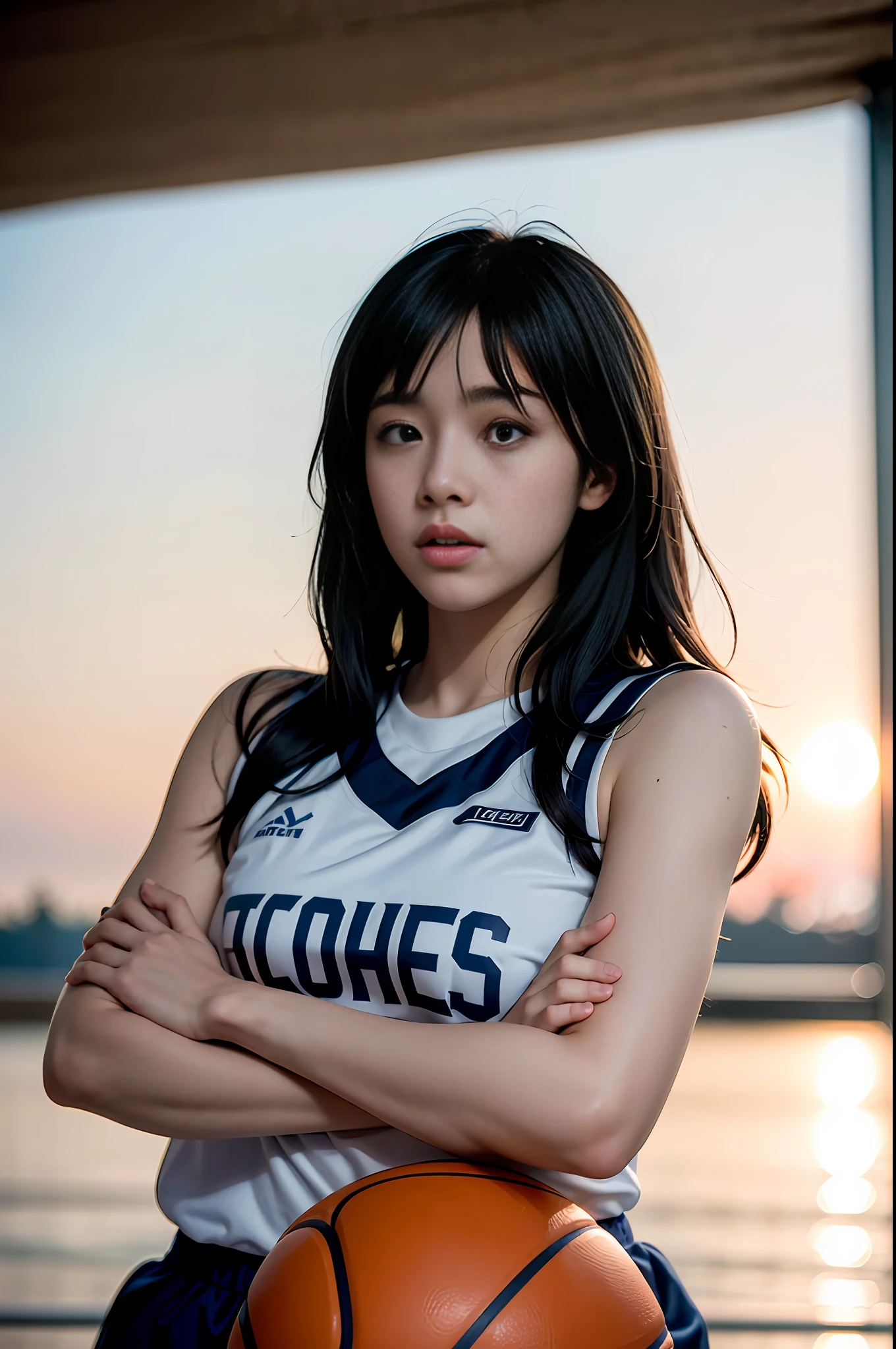(8k, Best Quality, Masterpiece: 1.2), (Realistic, Photorealistic: 1.37), Super Detailed, Best Quality, Super High Resolution, Professional Lighting, Photon Mapping, Radiosity, Physically Based Rendering, Cinematic Lighting , basketball court, depth of field, focus, sun rays, good composition, (bokeh: 1.2), 1 girl, (whole body), (closed mouth), beautiful eyes, pose, constriction, basketball uniform, black hair , messy hair, long hair blowing in the wind,(ulzzang-6500:1.2) mix4, hiqcgbody
