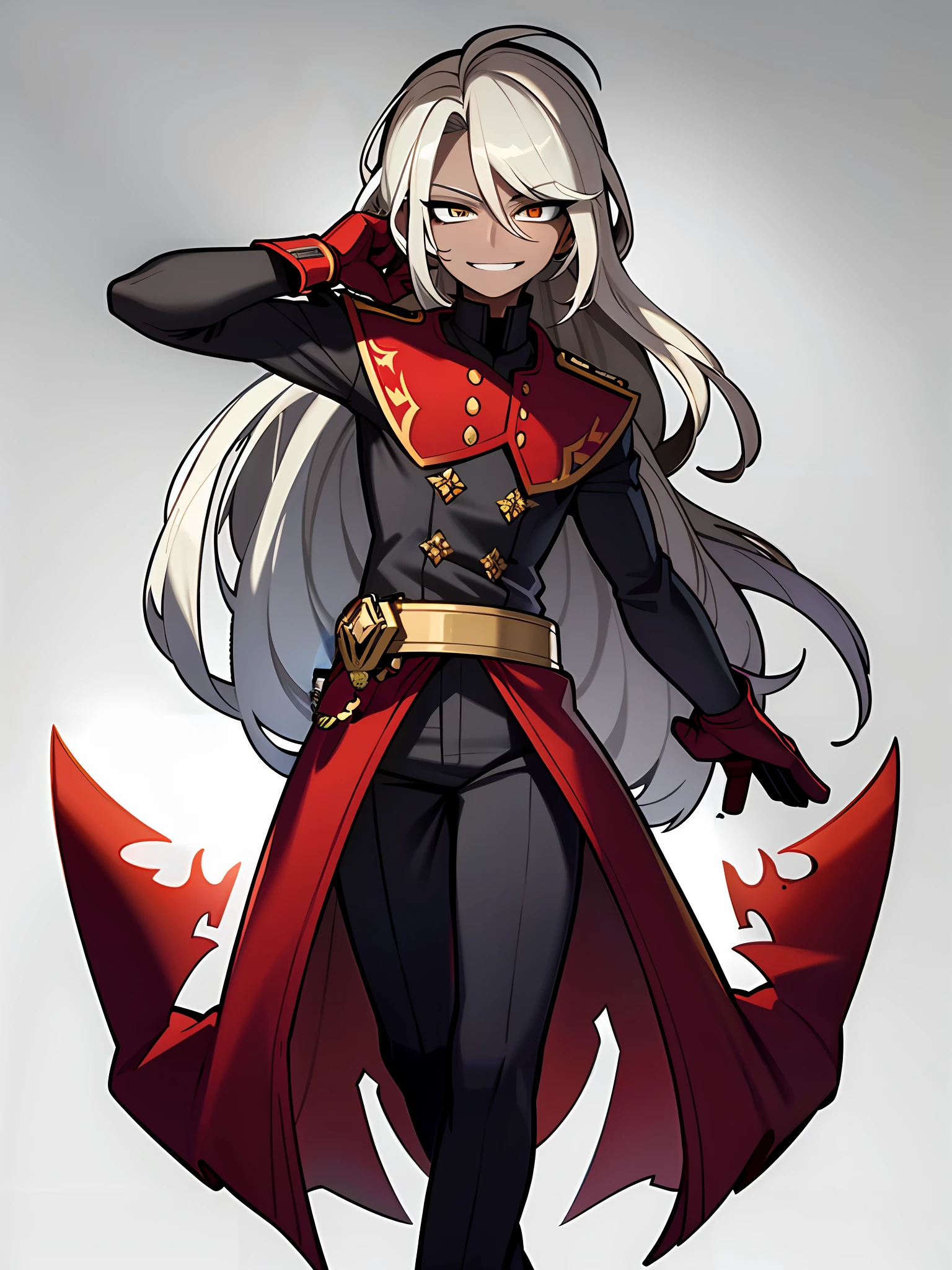 ((Masterpiece, Best Quality)), (Solo), (Male Focus), (Ajoge, Gray Hair, Long Hair), Black Eyes, Light Smile, Opening, (Black Shirt), (Button Gap), (Black Costume), Standing, White Background, Back Arms, Dynamic Angle, Full Body, Look Straight, {{Man,Man,Man}}, Long Hair, {Curly}, Asymmetrical Bangs, Single Blade, Blonde Hair, Gradient hair, molten metal-like hair, evil smile, intricate details beautiful and delicate eyes, {heterochromic}, {{dark skinned_male}}, {red clothing}, white_background, white_background, white_background,((ultra-detailed)),best quality,[ masterpiece],(1 man),solo,((full body))),(wearing shoes on feet),red gloves, red belt, toe, standing picture, adult man