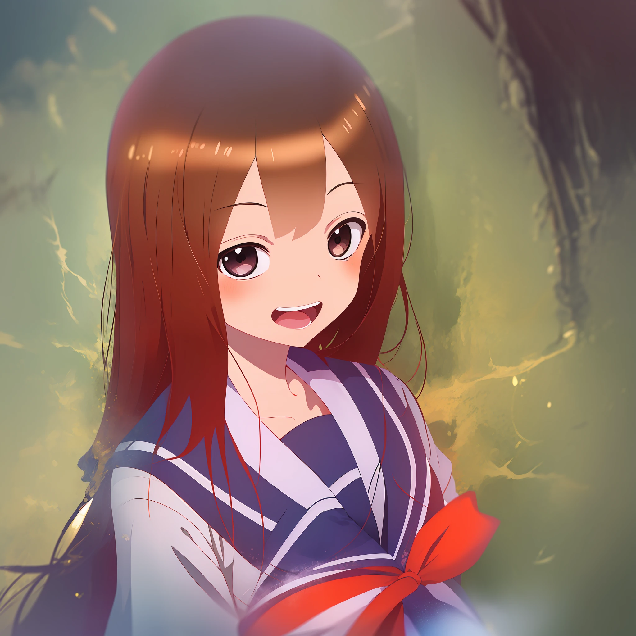 (Masterpiece, Superb Quality, Super Delicate, High Resolution), Female Focus, Elementary School Student, Emoji Laughter, (Japanese School Uniform), School, Background Details, ((((Solo)))