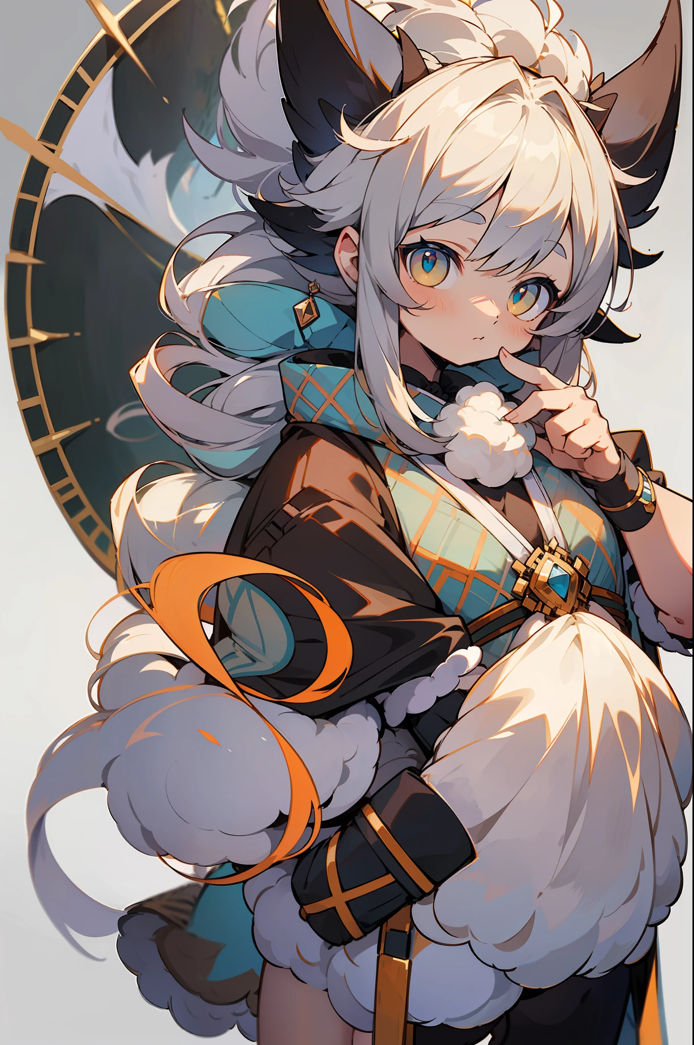 master-piece,hyper quality, hyper detailed,perfect drawing,1 beautiful girl, white fluffy bikini, sheep ears, sheep tail, sheep horns, sheep's legs, sheep's fingers, hunter's eyes aiming for prey, loose gray hair, small round eyes, height 165cm, three sizes B70W50H75, fluffy, kneeling, pow pause