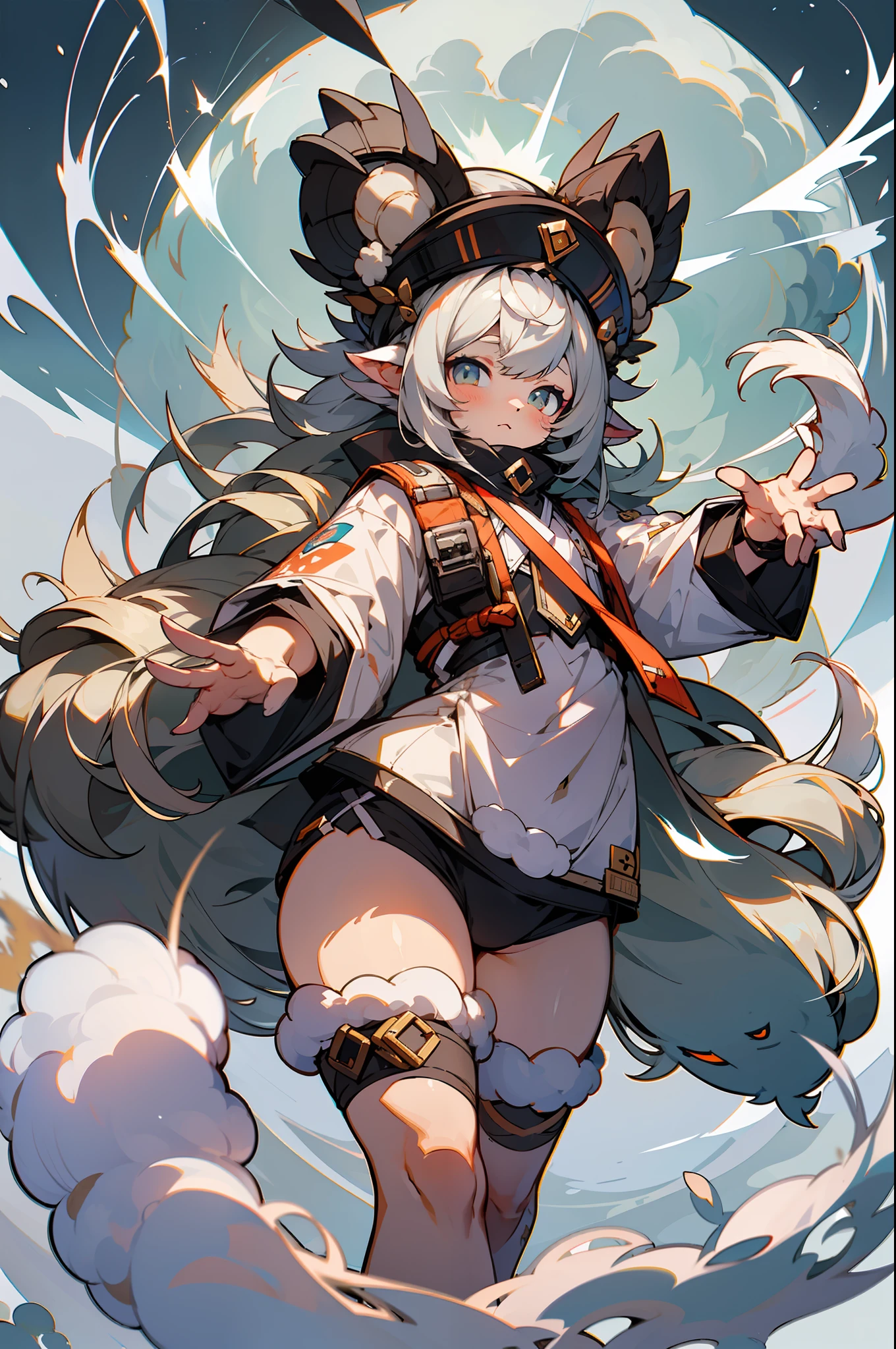 master-piece,hyper quality, hyper detailed,perfect drawing,1 beautiful girl, white fluffy bikini, sheep ears, sheep tail, sheep horns, sheep's legs, sheep's fingers, hunter's eyes aiming for prey, loose gray hair, small round eyes, height 165cm, three sizes B70W50H75, fluffy, kneeling, pow pause
