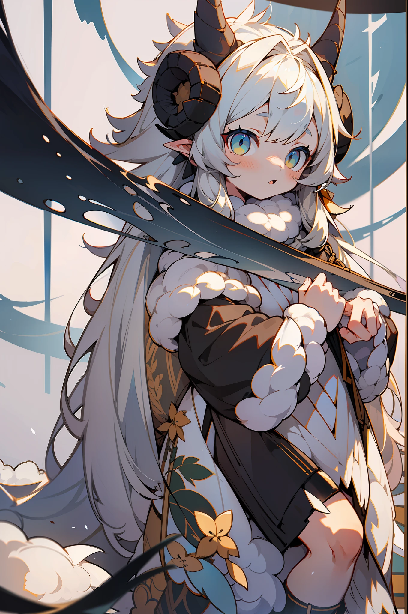 master-piece,hyper quality, hyper detailed,perfect drawing,1 beautiful girl, white fluffy bikini, sheep ears, sheep tail, sheep horns, sheep's legs, sheep's fingers, hunter's eyes aiming for prey, loose gray hair, small round eyes, height 165cm, three sizes B70W50H75, fluffy, kneeling, pow pause