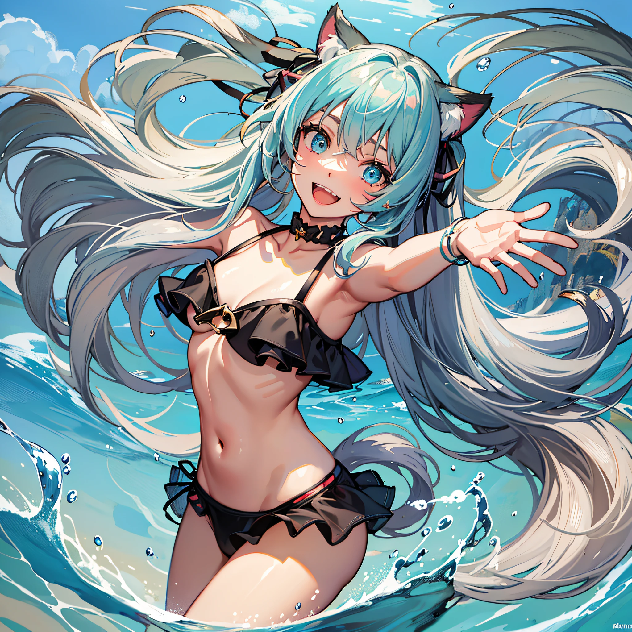 masterpiece, Top quality, Absurdity, Perfect anatomy, Cat-eared girl,1 girl, Solo, Miku390, Twin-tailed, Long hair, Beach, Palm tree, Water, (partially submerged), Smile, :d, Arms outstretched, Frill bikini, Cute, Cute bikini, Dynamic pose