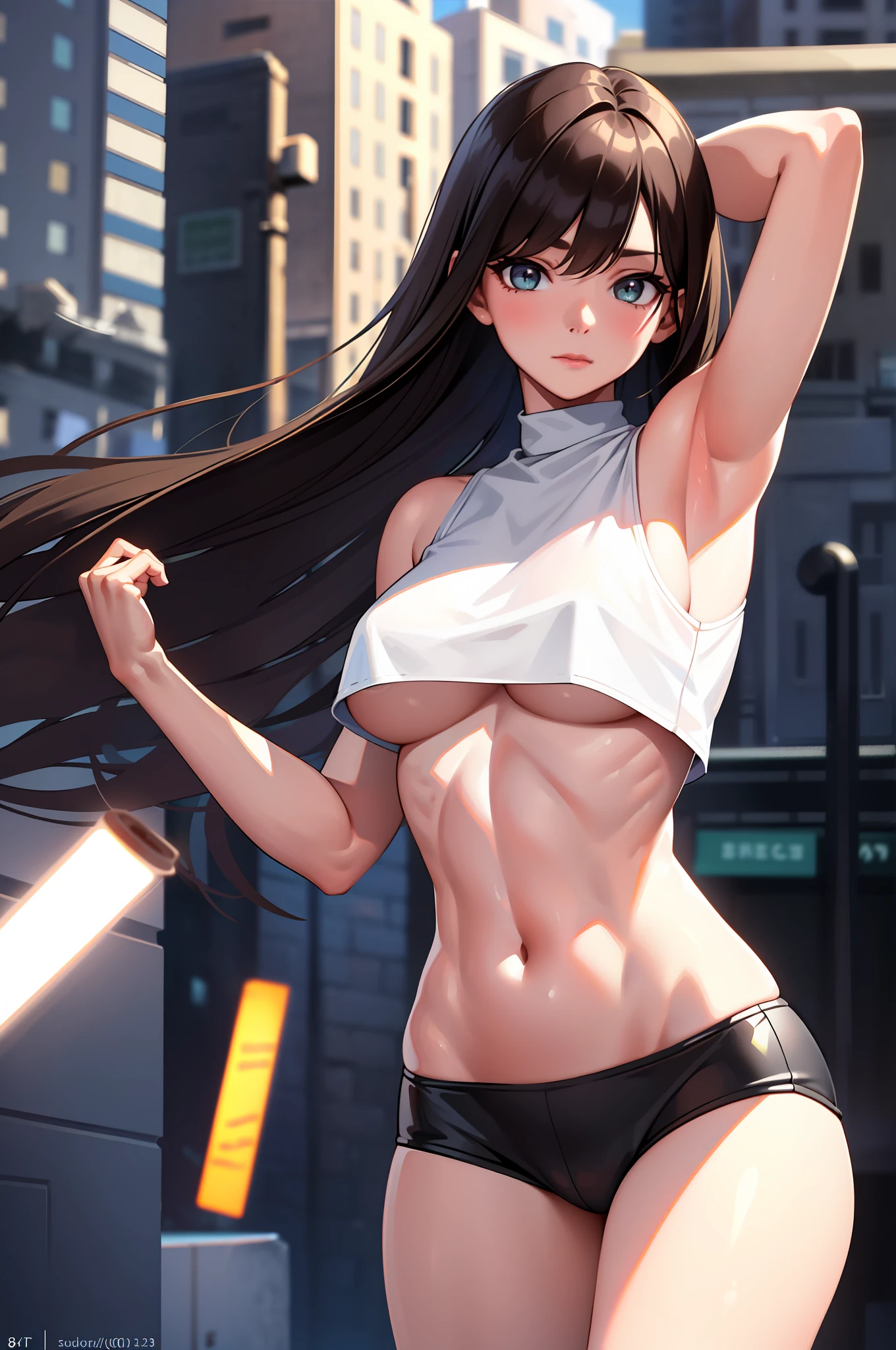 ((Realistic Lighting, Best Quality, 8K, Masterpiece: 1.3)), Clear Focus: 1.2, 1girl, Perfect Figure: 1.4, Slim Abs: 1.1, (Dark Brown Hair)), (White Crop Top: 1.4), (Outdoor, Night: 1.1), City Streets, Super Beautiful Face, Beautiful Eyes, Double Eyelids, Bare Chest