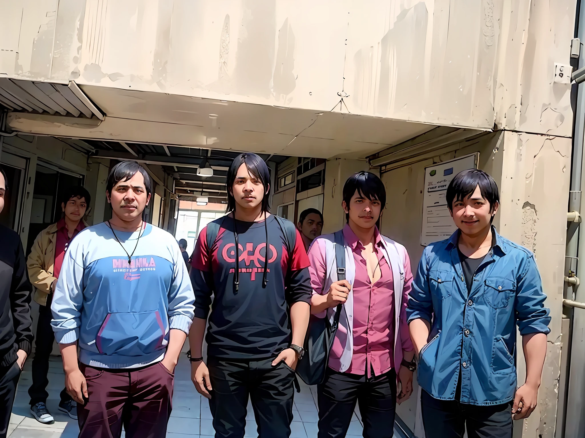 four men standing in a hallway with a building in the background, high school, in chuquicamata, very very low quality picture, eloy band, los carpinteros, foto realista, frontal picture, paul pepera pablo roldan, golondrinas, beautiful image, proporcional, muy definido, picture