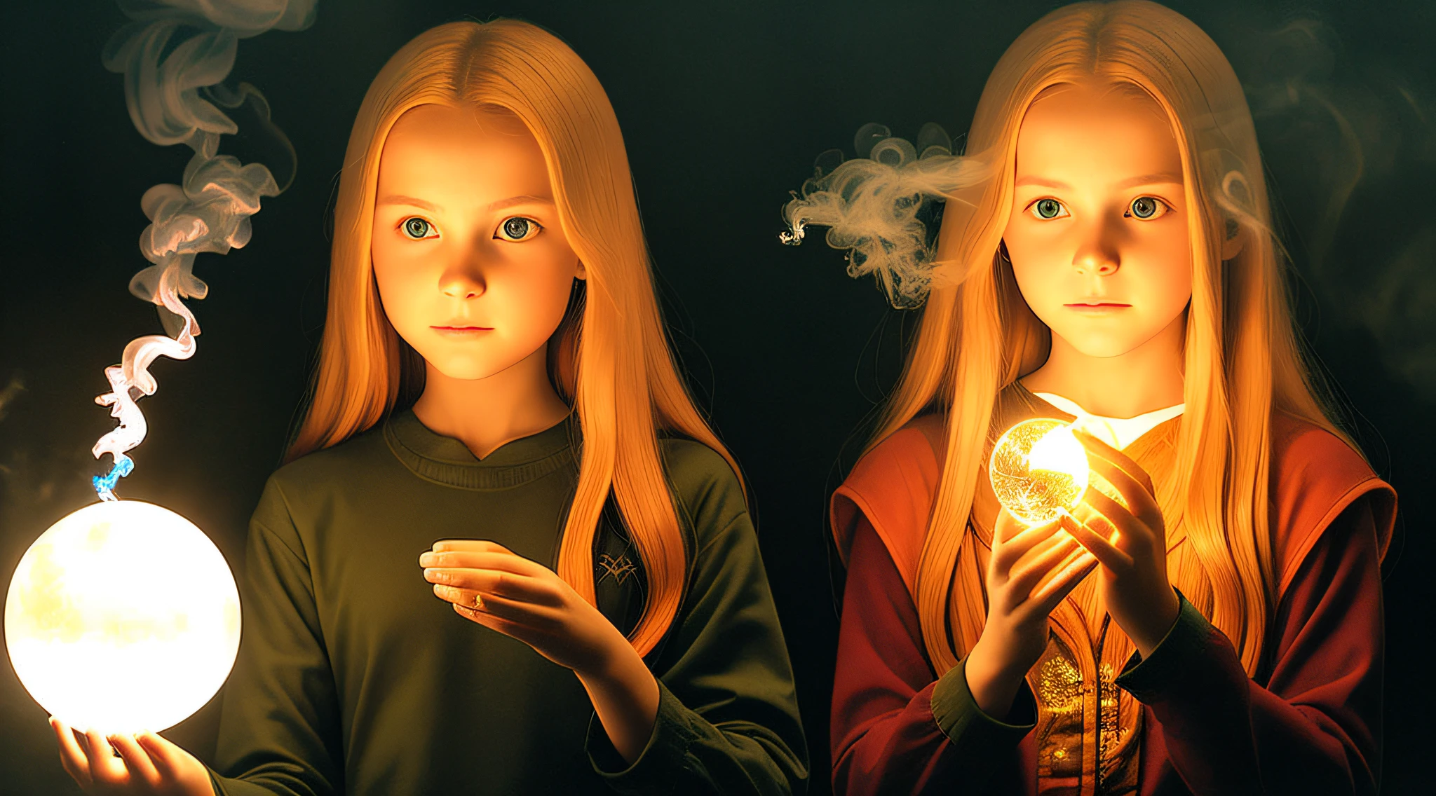 14 YEAR OLD CHILD GIRL WITH LONG RED FIRE COLORED BLONDE HAIR, holding a blue ball in her hands with smoke coming out of it, crystal ball, holding a crystal ball, casting a protection spell, holding a glowing orb, spell-casting mage, casting spells, the orb of truth, casting a powerful spell, Holding a glowing orb of data, a woman holding an orb, emitting psychic powers, hands holding large glowing orbs