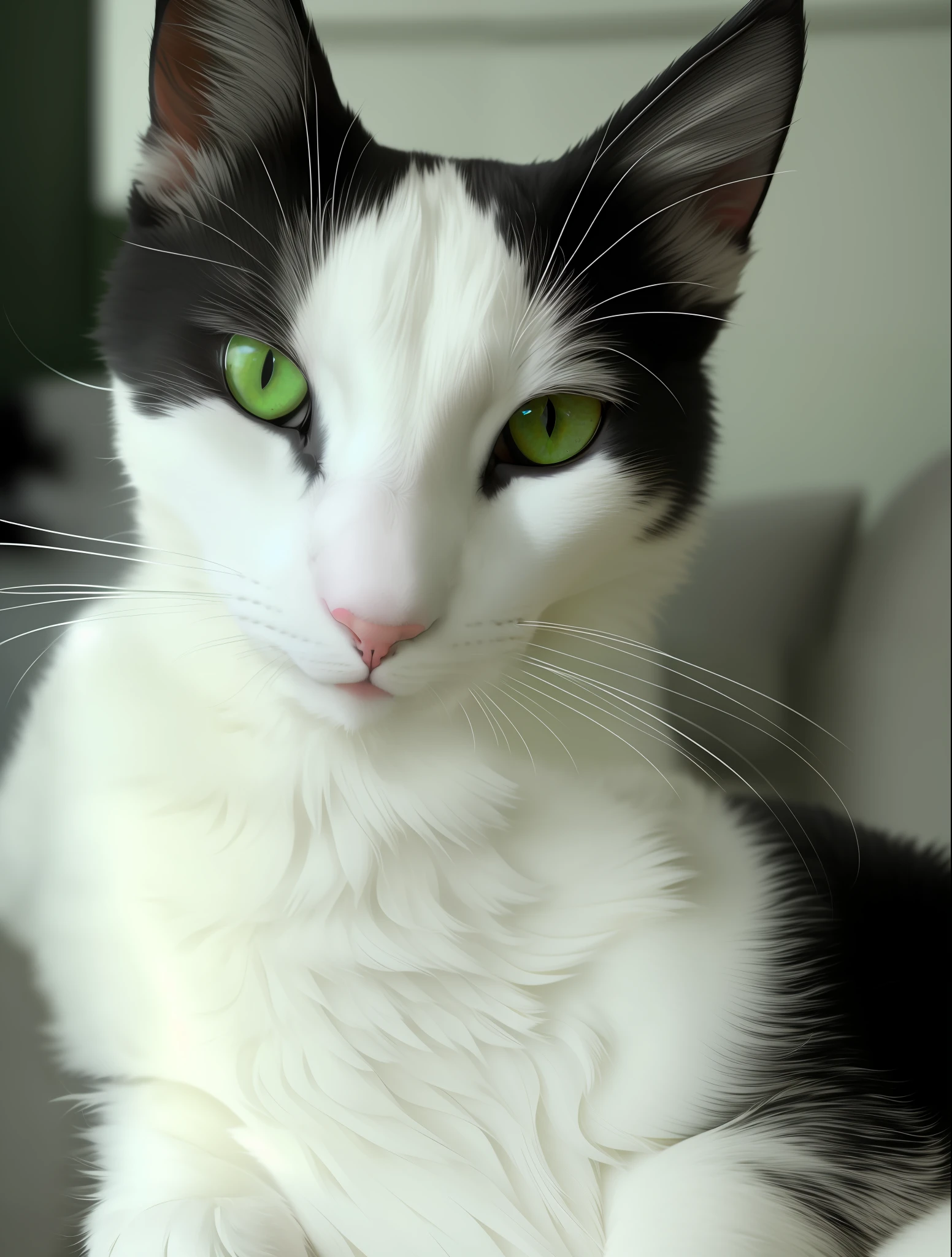 there is a black and white cat sitting on a couch, black and white cat, beautiful picture of stray, with stunning green eyes, lovely green eyes, taken with sony alpha 9, photo of a cat, cat female with a whit and chest, tuxedo cat, a handsome, bright accurate green eyes, cat photo, closeup portrait shot, looking towards the camera