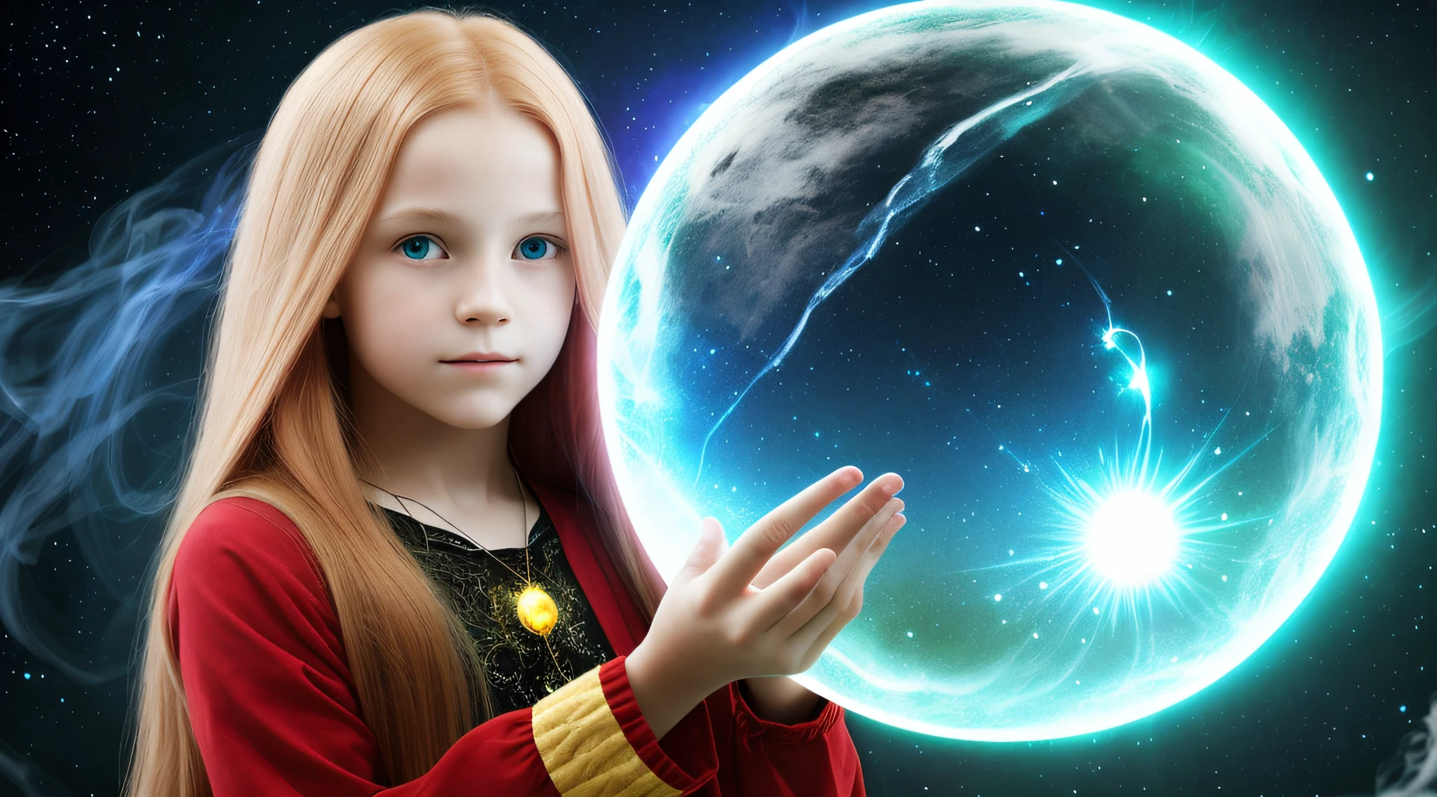 CHILD GIRL LONG RED FIRE COLORED BLONDE HAIR, holding a blue ball in her hands with smoke coming out of it, crystal ball, holding a crystal ball, casting a protection spell, holding a glowing orb, spell-casting mage, casting spells, the orb of truth, casting a powerful spell, Holding a glowing orb of data, a woman holding an orb, emitting psychic powers, hands holding large glowing orbs