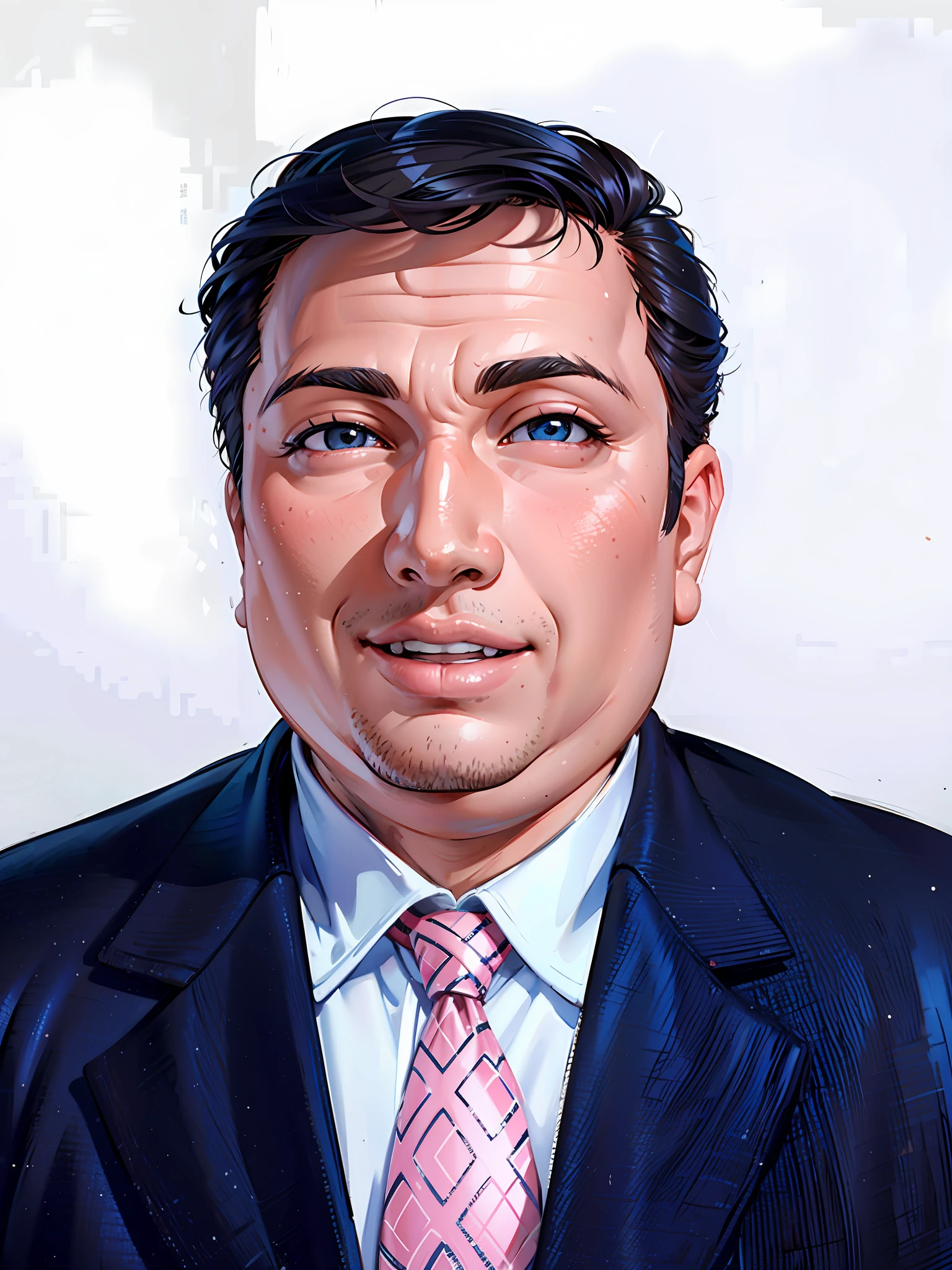 (masterpiece),(best quality:1.0), (ultra high resolution:1.0), detailed illustration, 8k, 1boy, anime boy, chubby, fat, blue t-shirt dressed, smiling, detailed face, perfect face, anime eyes, detailed eyes, brown eyes, eye glare, detailed hair, short black hair, hair highlights, very detailed, anime style, subdued light
