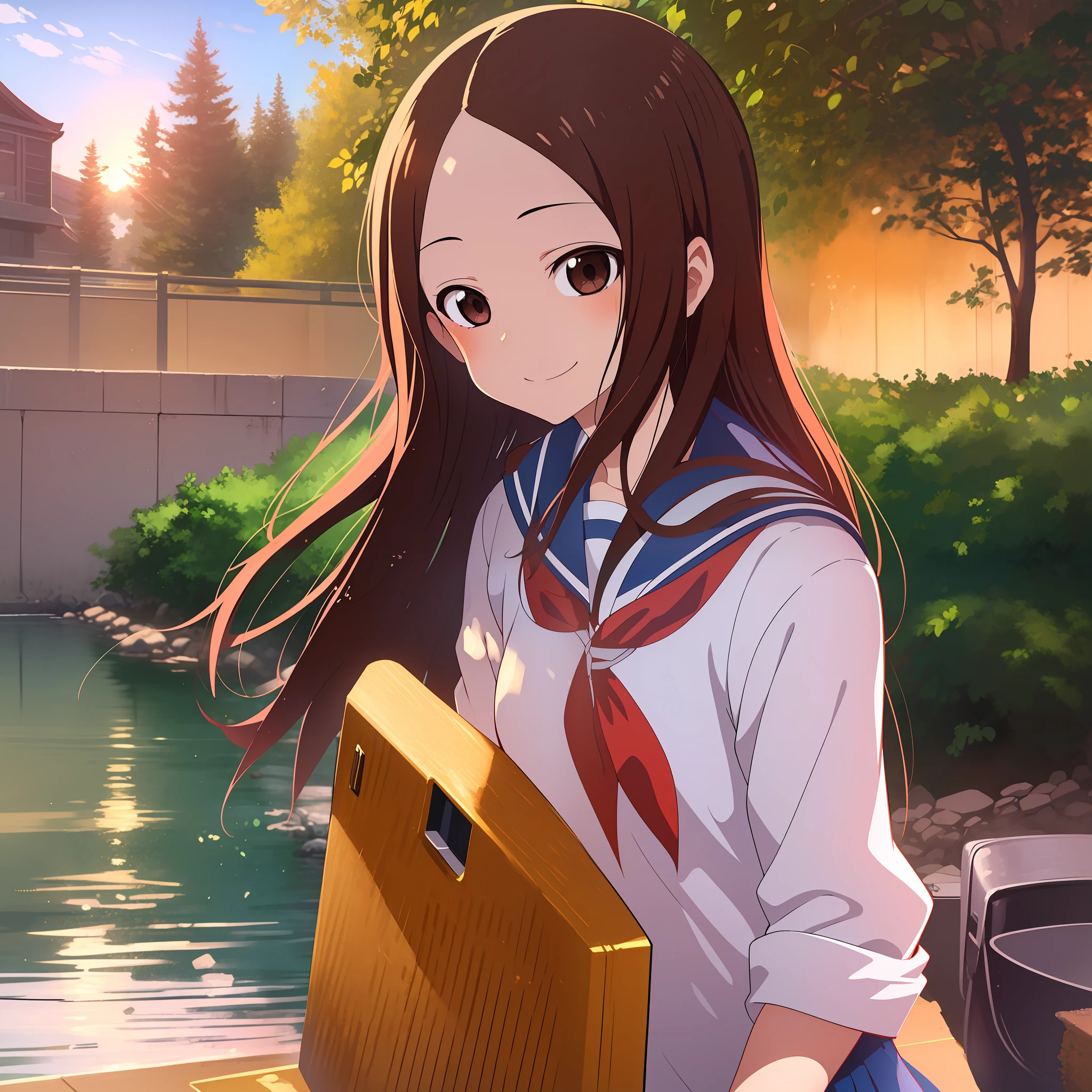 (Masterpiece, Superb Quality, Super Delicate, High Resolution), Female Focus, Elementary School Student, Emoji Smile, (Japanese School Uniform), Creekside, Background Detail, (((Solo)))