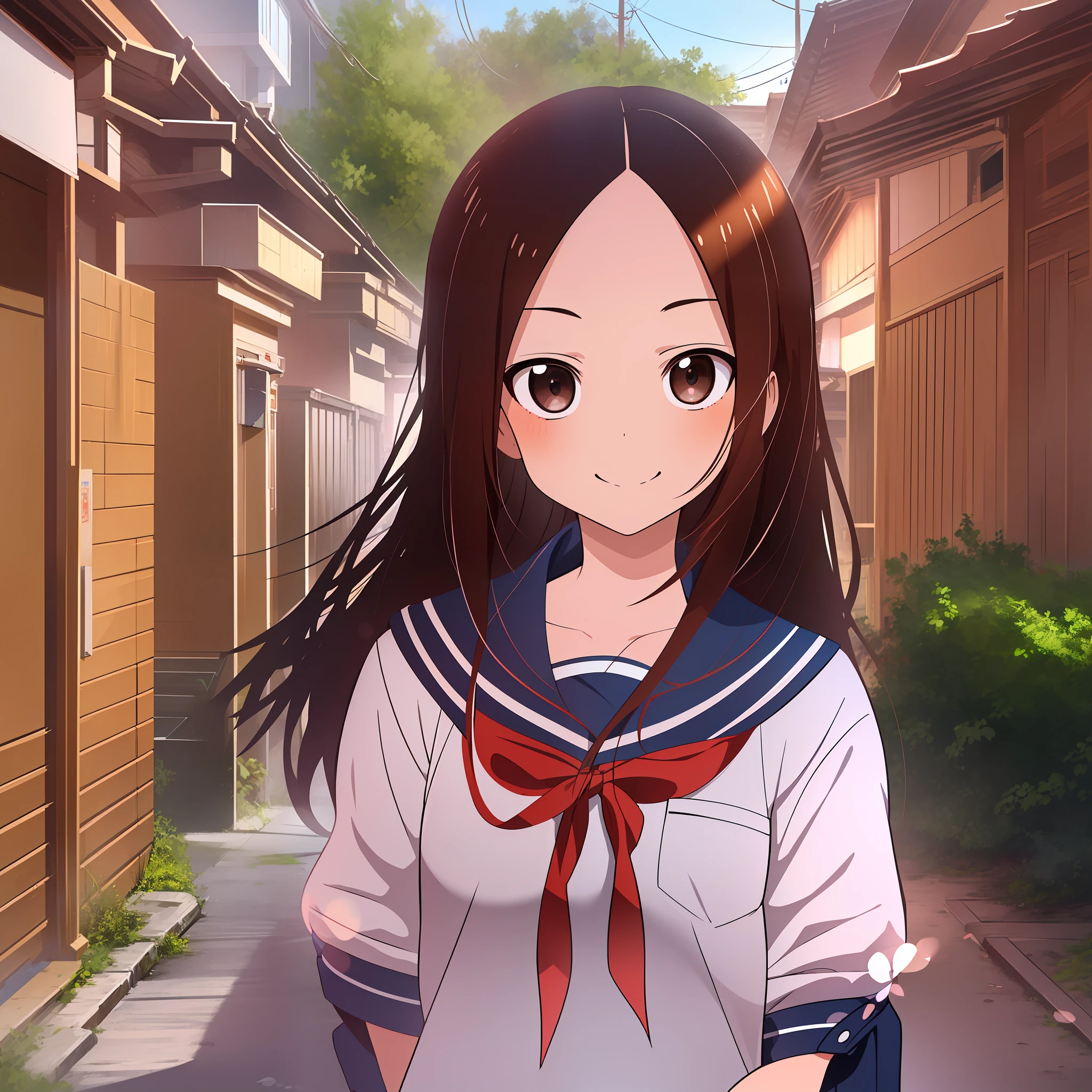 (Masterpiece, Superb Quality, Super Delicate, High Resolution), Female Focus, Elementary School Student, Emoji Smile, (Japanese School Uniform), Creekside, Background Detail, (((Solo)))