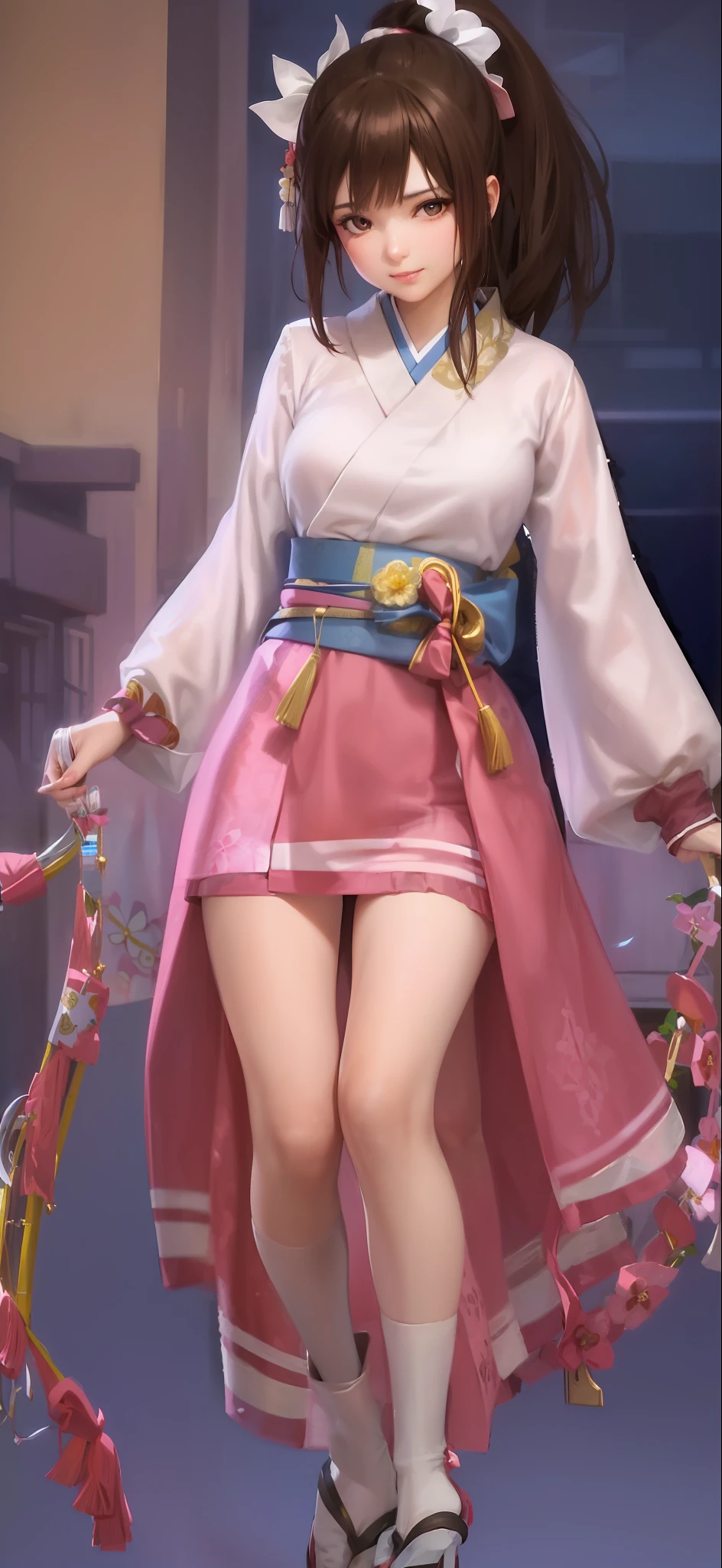 Oichi, brown hair, ponytail, hair ornament, brown eyes, medium breasts, woman in pink dress and white top, pink kimono, kimono, medium length kimono, long sleeves, tabi socks, below knee socks, red platform sandals, blue mini skirt, two white horizontal lines on the edge of the skirt, blue obi fastening, blue ribbon on both ankles, clear white skin, gentle smile, real, 8K, ( Photorealistic: 1.4), Beautiful eyes, top quality, super detail, 1girl, photon mapping, physically based rendering, realistic, solo, glowing skin, beautiful white skin, camera gaze, whole body, kimono with slit from waist to thigh, mini skirt visible from inside slit