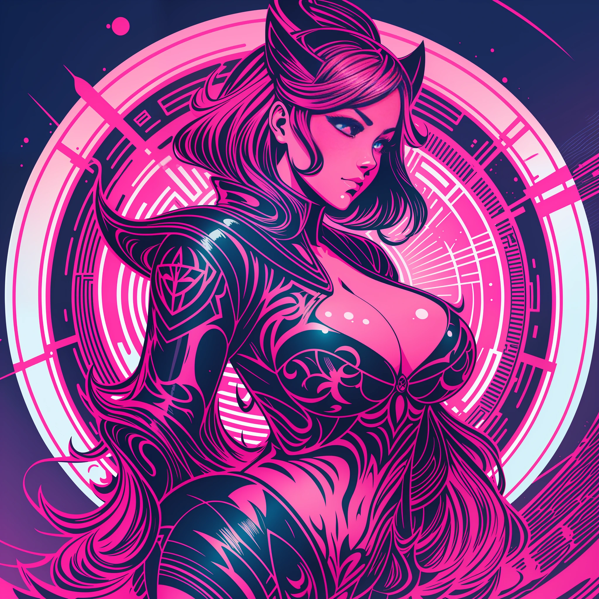 [Pink bikini, big breasts] circular crest silhouette, logo masking style illustration, Dan Mumford, Greg Lutkowski, James Jean, black background, fantasy art, mysterious, realistic, majestic, rich vivid colors, high contrast, seamless water brand, art station, deviant art, dribbling, red bubble, Tee public, sharp focus, simple, hyper detail, detailed drawing, vectorization, outline, isometric style, 8k.