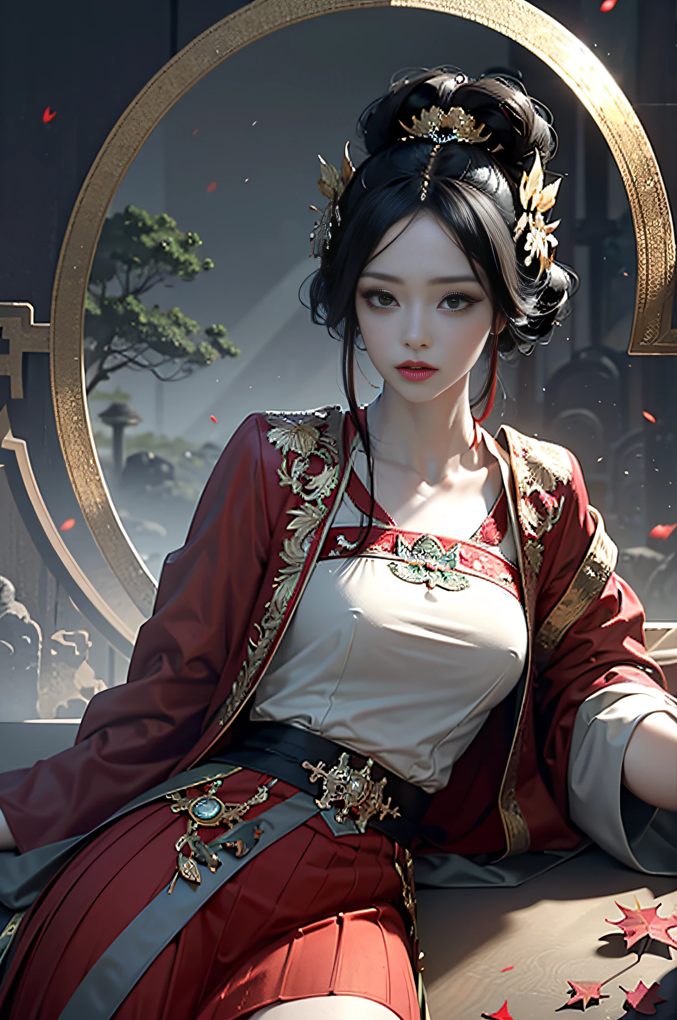 official art, Unity 8k wallpaper, super detailed, beautiful, beautiful, masterpiece, best quality, mystery, romanticism, horror, literature, art, fashion, tang dynasty era, decoration, intricate, embroidery, red hanfu, red tulle coat, 1 girl, black hair, red hair ornament, sad, fatalistic, bust composition, dramatic composition, movie lighting, dynamic perspective, sexy, full of seduction, maple forest, maple leaves falling, cloudy mist, dramatic composition,