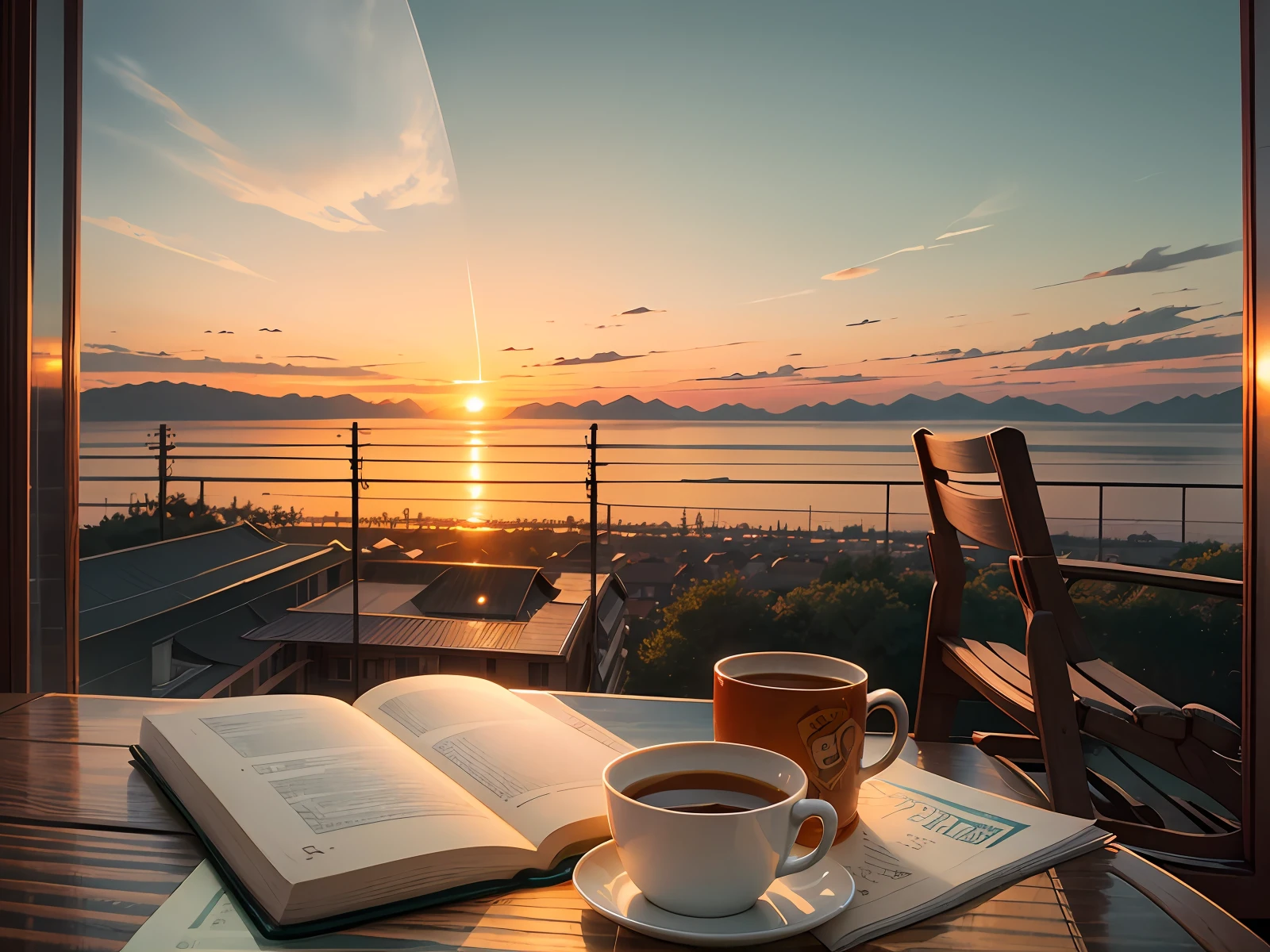 A book next to a mug on a porch with a chair at sunset --auto --s2