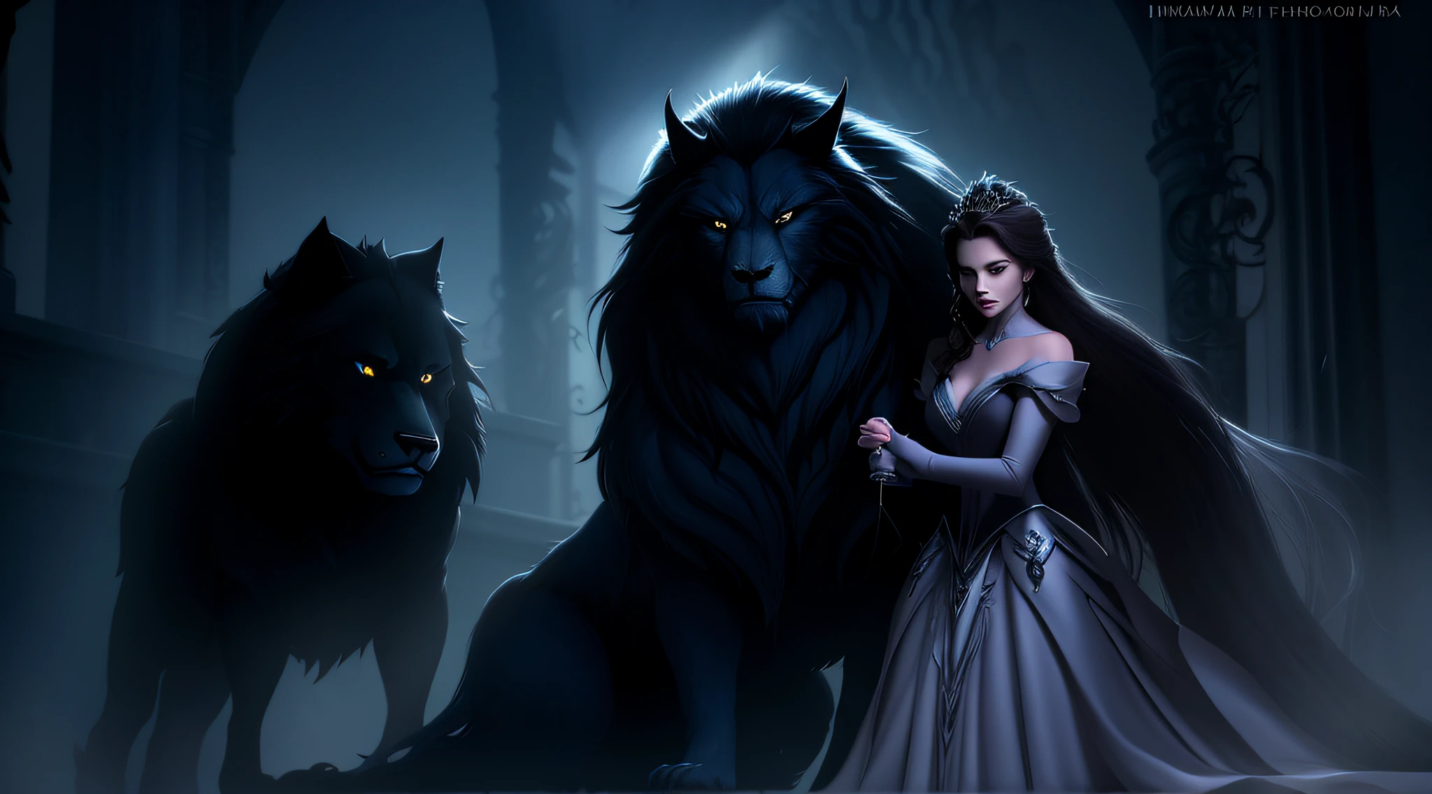 A dark beast like the one in beauty and he beast with wolf likeness but with pain in eyes in the background of a girl who has a misty appearance but proper silhouette and the girl is wearing a classy gown in the style of a jarek kubiki