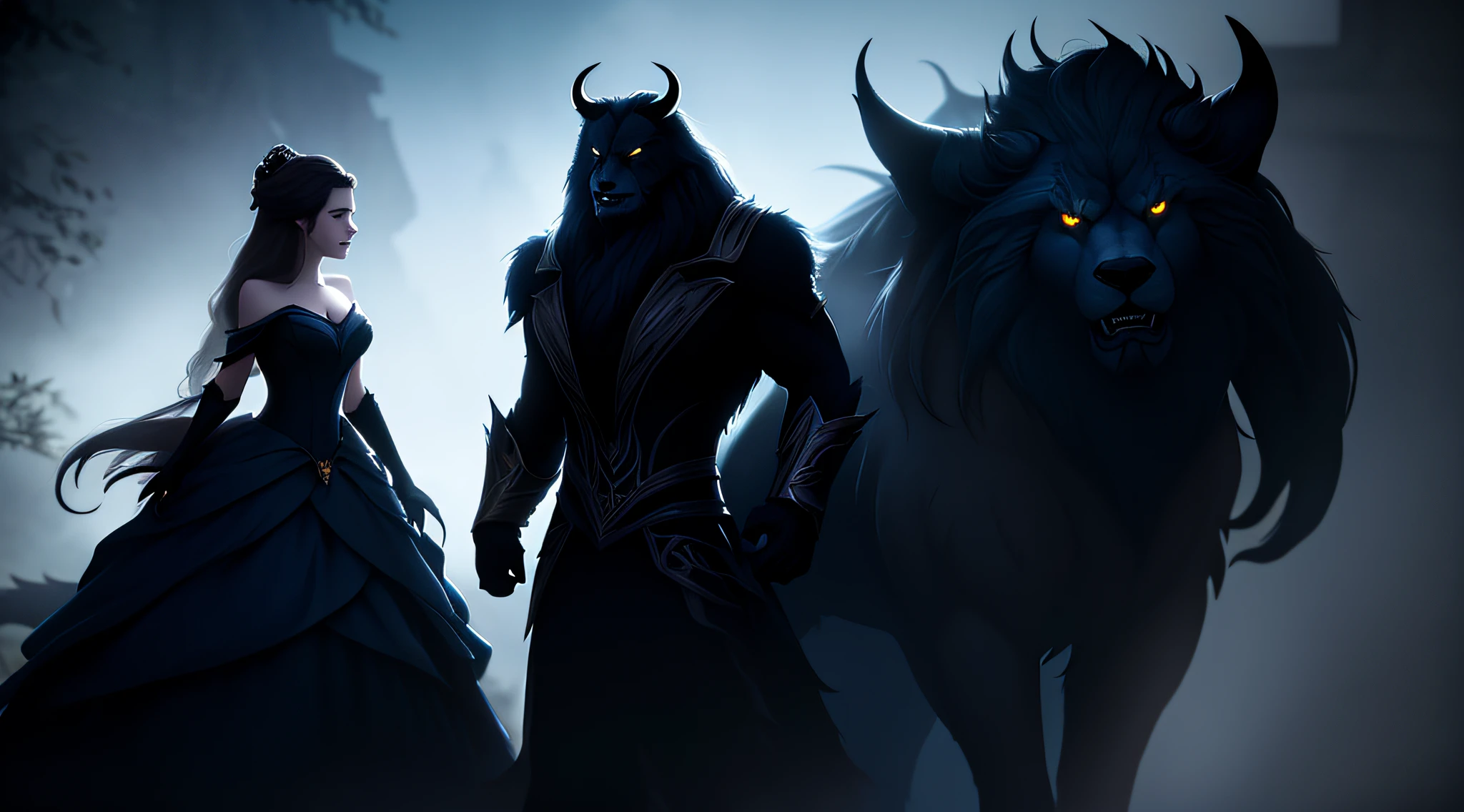 A dark beast like the one in beauty and he beast with wolf likeness but with pain in eyes in the background of a girl who has a misty appearance but proper silhouette and the girl is wearing a classy gown in the style of a jarek kubiki