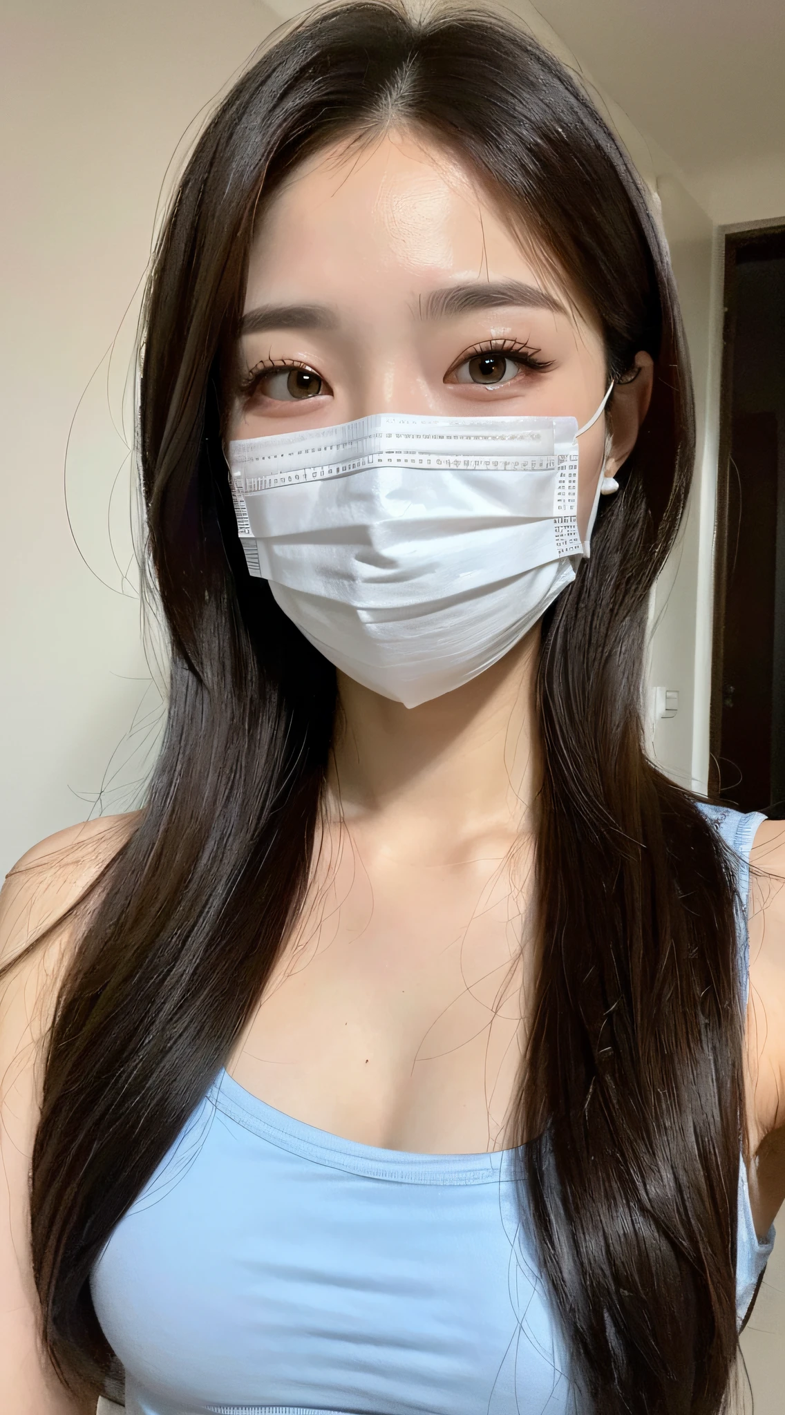 ((Top Quality, 8k, Masterpiece: 1.3)), 1 woman, Beautiful girl with slender abs: 1.3, (Hairstyle random, Colossal: 1.2), Plain clothes: 1.2, Indoors, Ultra detailed face, Detailed eyes, Double eyelids, Surgical mask