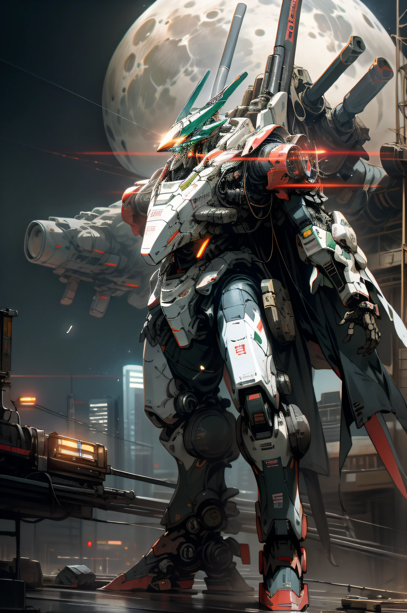 On the moon, barren planets, ruins, holding_weapon, no_humans, bright, robot, construction, glowing_eyes, Red mecha, science fiction, city, realistic, mecha, background of the Milky Way, outer space, neon, cyberpunk, macross, robotec, valquire hunt, full body, battle pose,