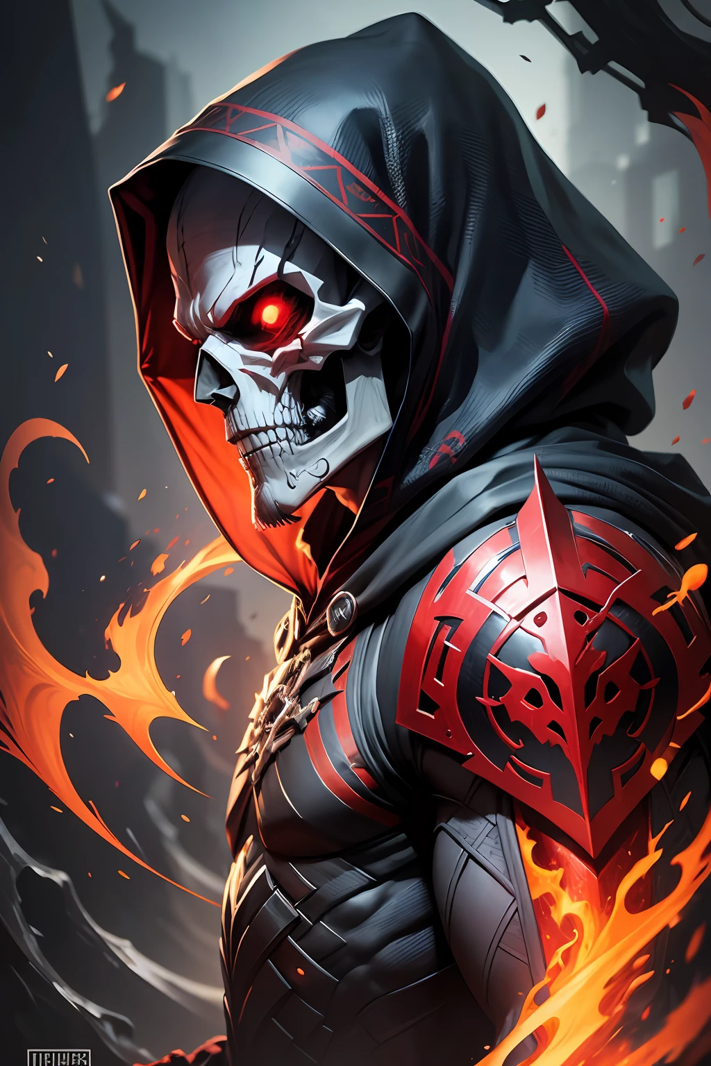 A man villain, intricate details, strong body, skull head, red eyes, wearing hood, colors, realistic, burning background, FHD, 3:2 --auto --s2