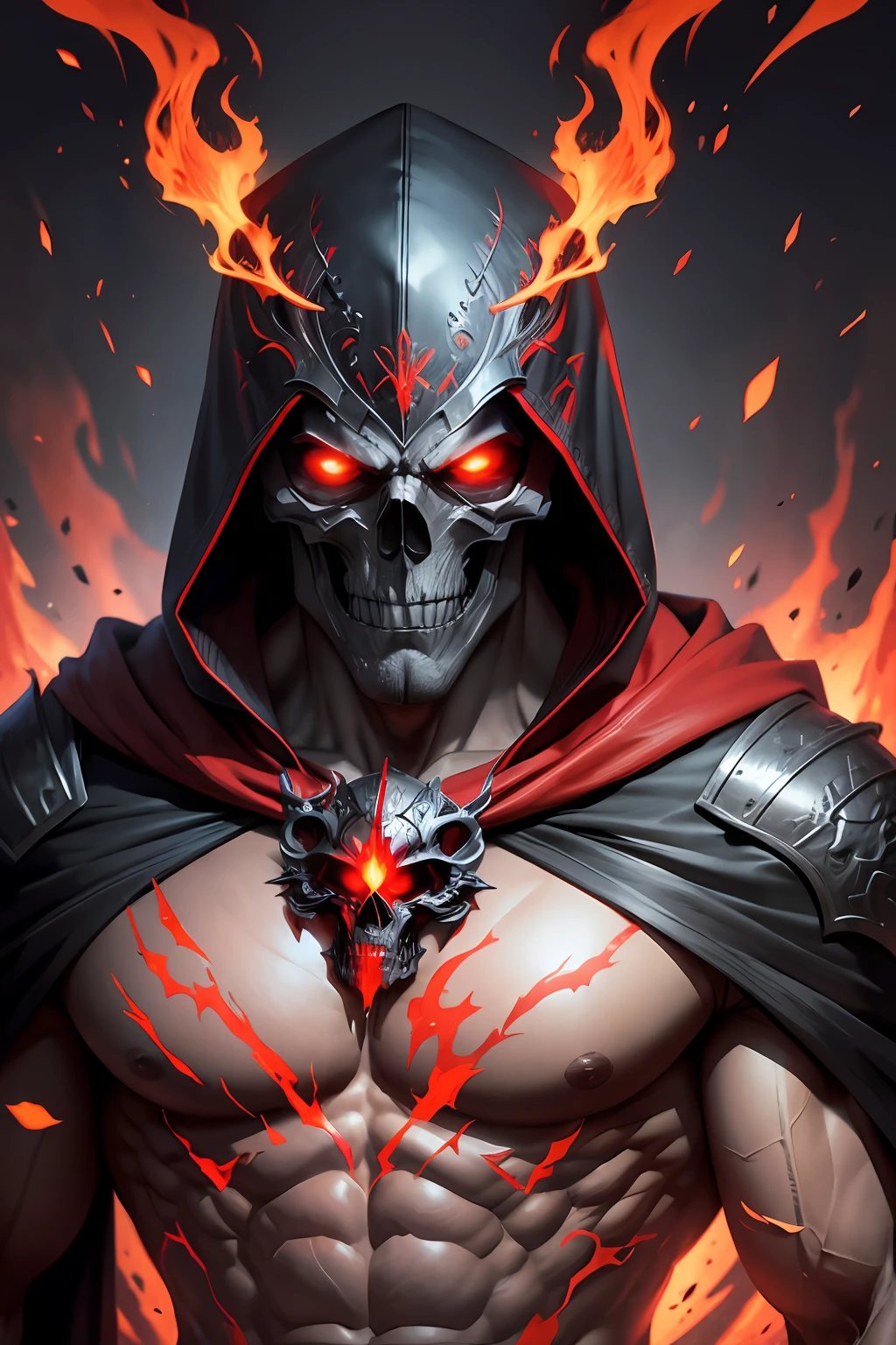 A man villain, intricate details, strong body, skull head, red eyes, wearing hood, colors, realistic, burning background, FHD, 3:2 --auto --s2