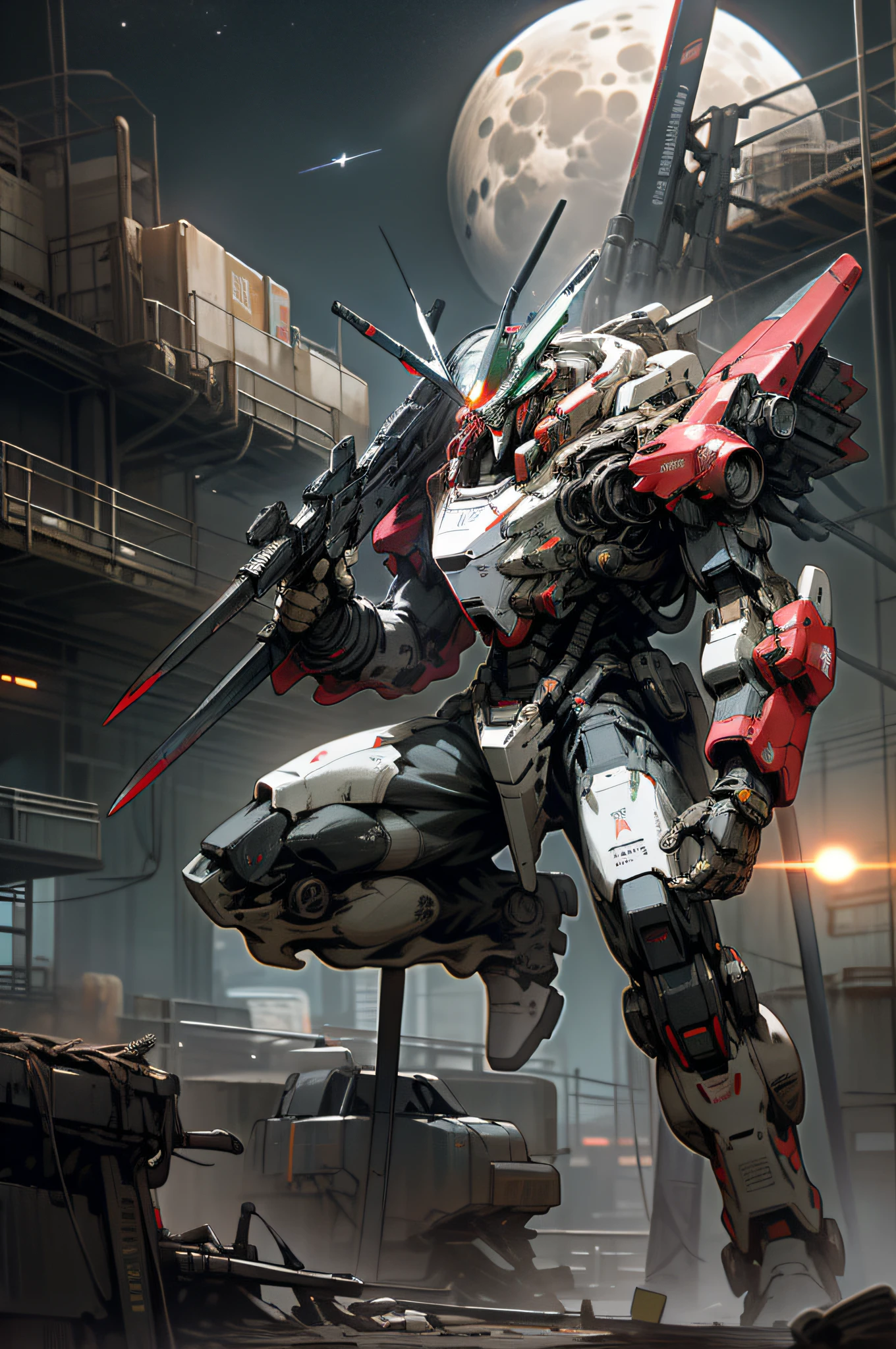 On the moon, barren planets, ruins, holding_weapon, no_humans, bright, robot, construction, glowing_eyes, Red mecha, science fiction, city, realistic, mecha, background of the Milky Way, outer space, neon, cyberpunk, macross, robotec, valquire hunt, full body, battle pose,