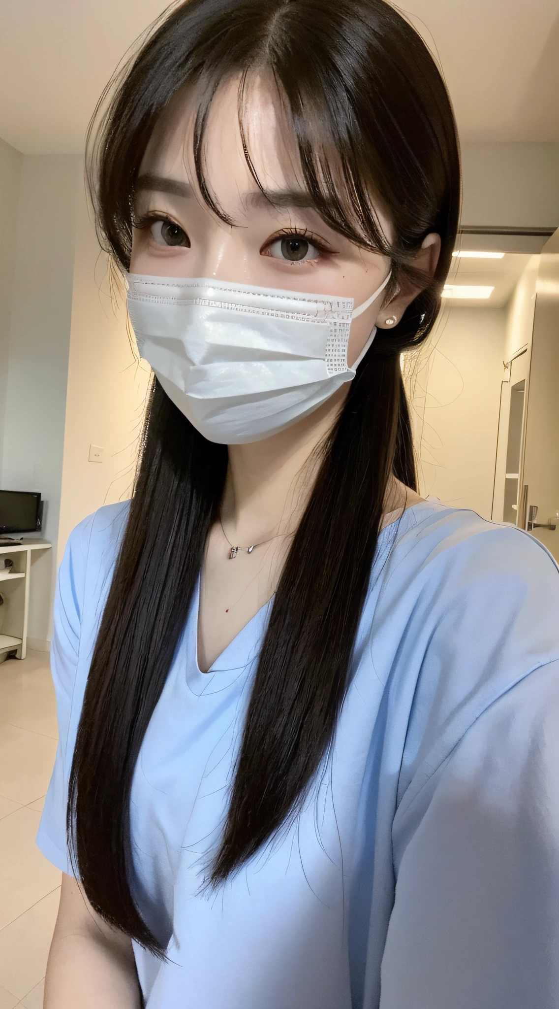 ((Best Quality, 8k, Masterpiece: 1.3)), 1 Woman, Slender Beautiful Girl: 1.3, (Hairstyle Random, Big: 1.2), Plain Clothes: 1.2, Indoor, Ultra Detailed Face, Detailed Eyes, Double Eyelids, Black Surgical Mask