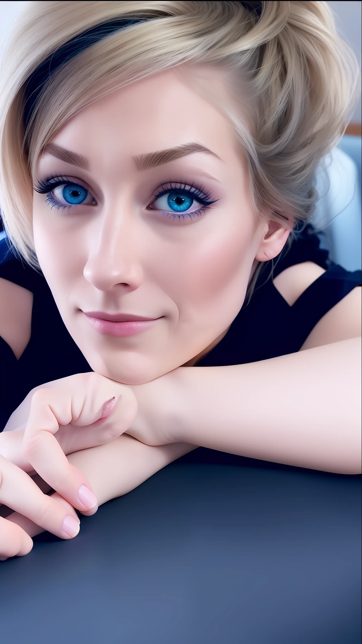 blond woman with blue eyes and a black dress leaning on a couch, headshot profile picture, profile image, taken in the early 2020s, leesha hannigan, very silly looking, profile picture, nina tryggvadottir, profile picture 1024px, amanda clarke, taken in 2022, inspired by Cindy Sherman