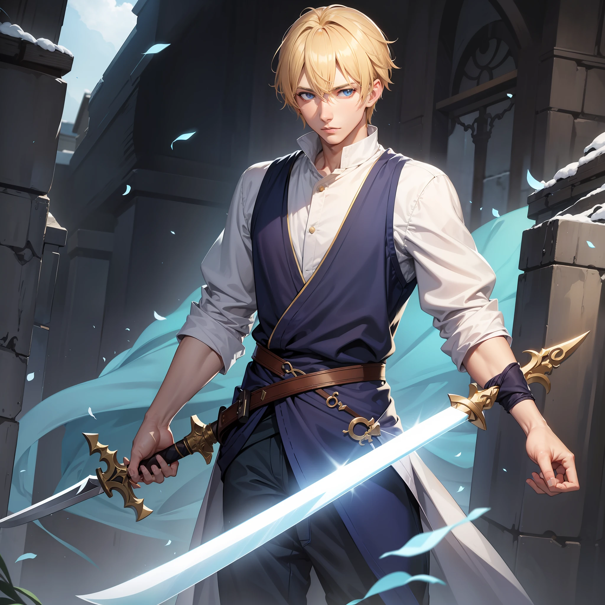 A 23-year-old man with blue eyes and blonde hair, his clothes are light and look like a villager's, he has a long sword on the left side of his waist