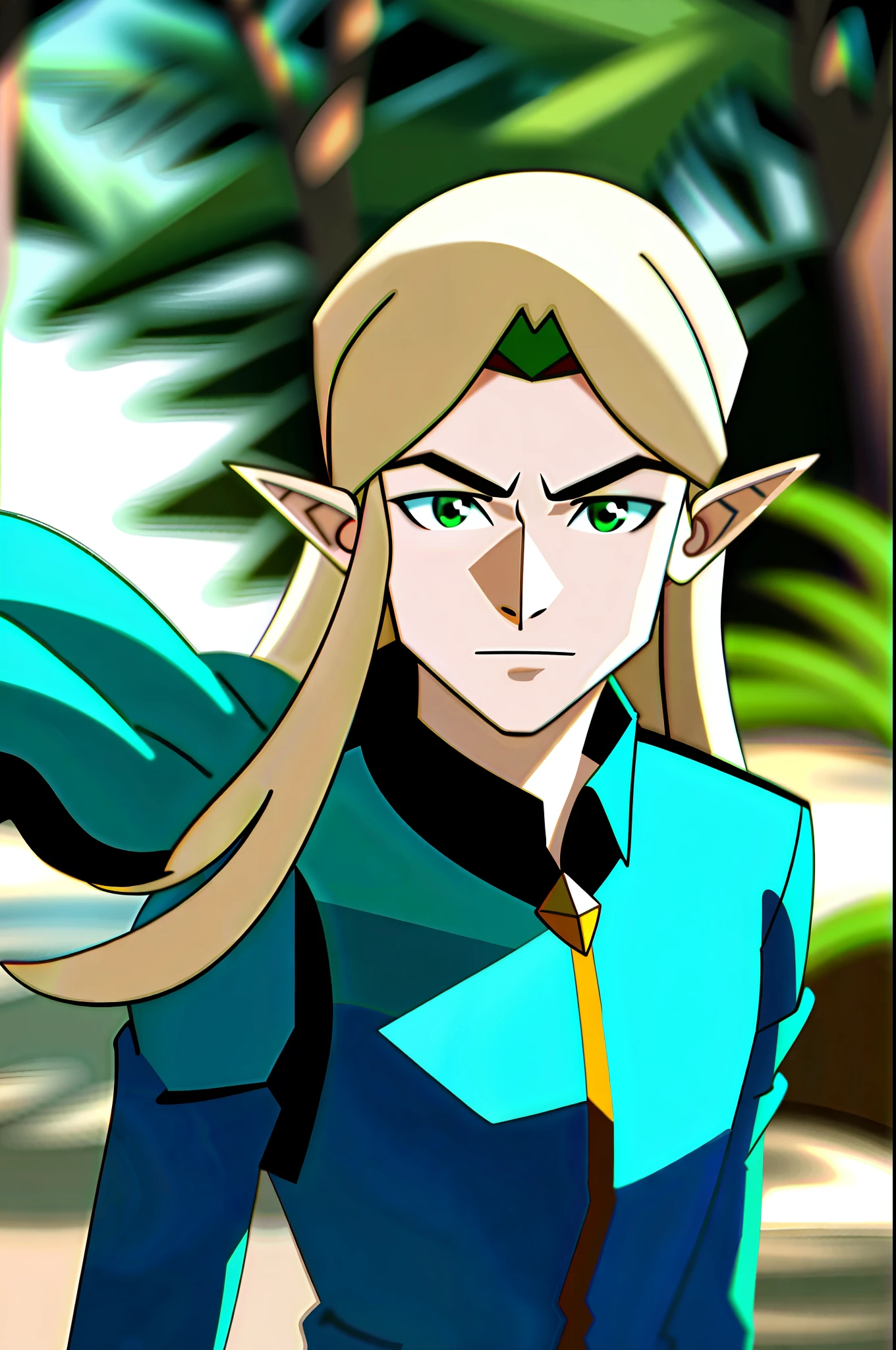 vox machina style, outdoors, woods, trees,
solo, 1boy, male focus, blonde hair, long hair, green eyes, pointy ears, circlet, elf, upper body, looking at viewer, manly, tiara, closed mouth, blue robes, portrait
, ((masterpiece))