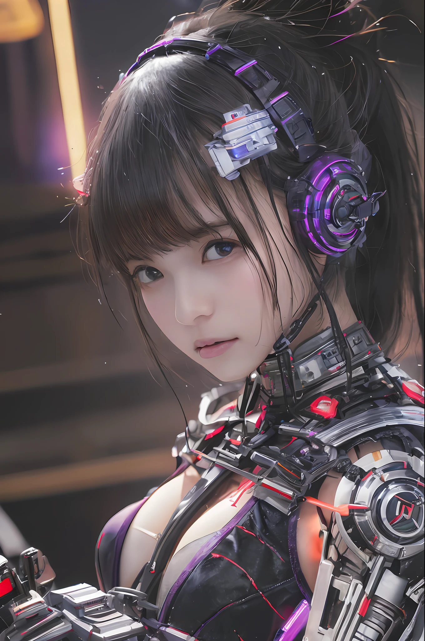 Top Quality, Masterpiece, Ultra High Resolution, (Photorealistic: 1.4), Raw Photo, 1 Girl, Black Hair, Glossy Skin, 1 Mechanical Girl, (Ultra Realistic Detail)), Portrait, Global Illumination, Shadows, Octane Rendering, 8K, Ultra Sharp, Big, Cleavage Exposed Raw Skin, Metal, Intricate Ornament Details, Japan Details, Very intricate details, realistic light, CGSoation trend, purple eyes, glowing eyes, facing the camera, neon details, mechanical limbs, blood vessels connected to the tube, mechanical vertebrae attached to the back, mechanical cervical attachment to the neck, sitting, wires and cables connecting to the head, gundam, small LED lamps,