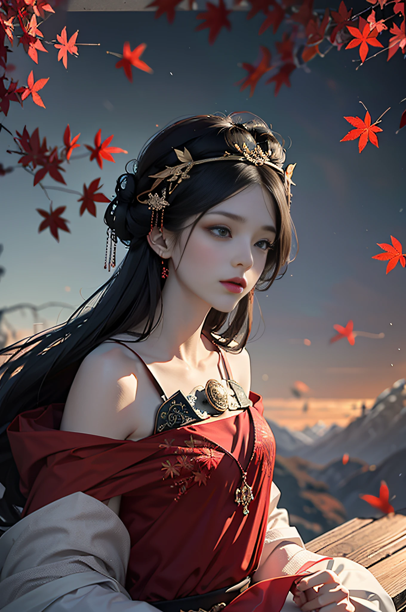 official art, Unity 8k wallpaper, super detailed, beautiful, beautiful, masterpiece, best quality, mystery, romanticism, horror, literature, art, fashion, Tang dynasty era, decoration, intricate, embroidery, red hanfu, red tulle coat, 1 girl, black hair, red headband, red hairpin, sad, fatalistic, bust composition, dramatic composition, movie lighting, dynamic perspective, full of temptation, red maple forest, maple leaves falling, red maple tree background, cloudy mist, dramatic composition,