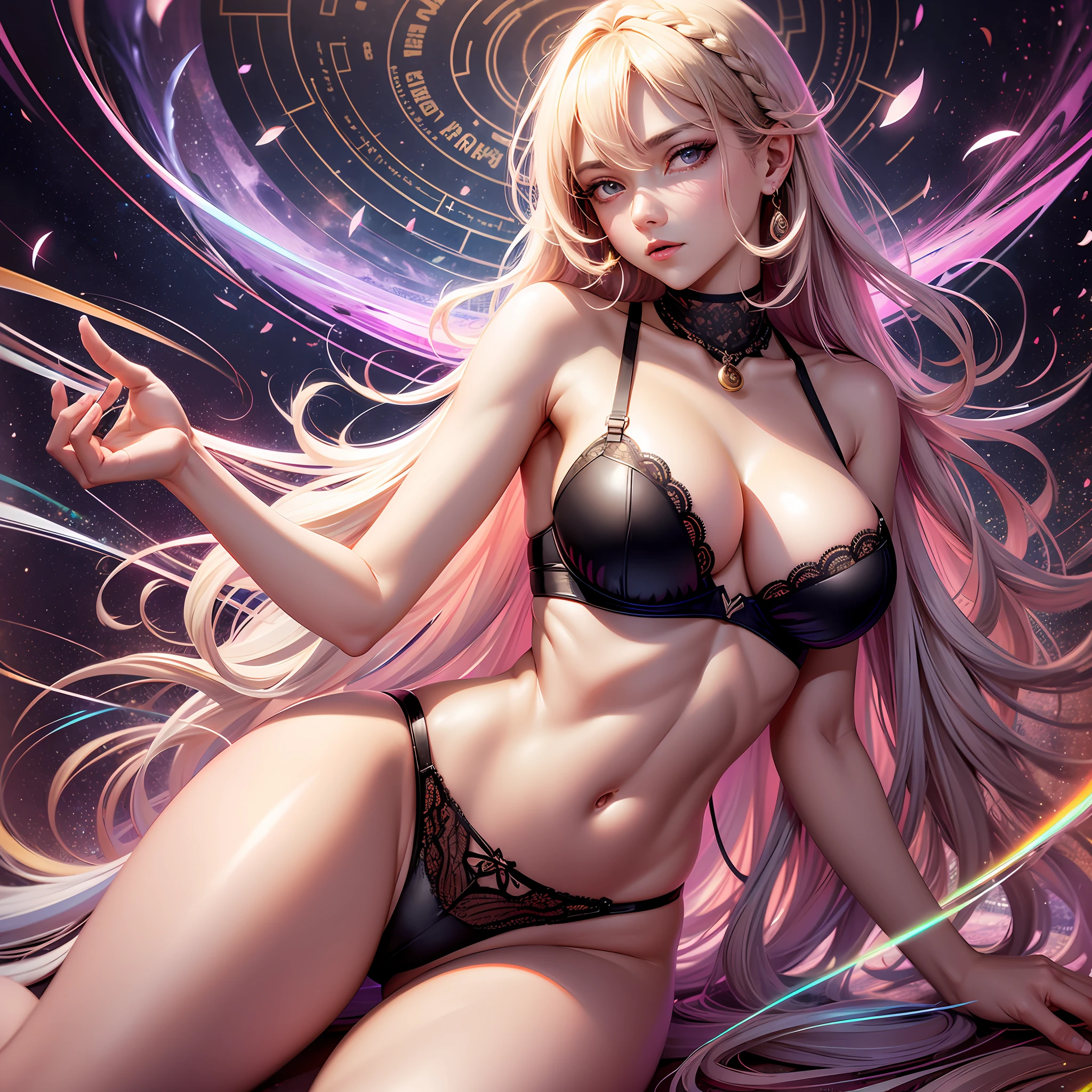 very cool beautiful lady, high leg ????? ???? bra and panties, anime, manga, illustration, fantasy, white glossy flowing layered wavy long hair, french braid, sparkling glossy pink big eyes, ????????????, abs, slender, full body, Master of Magic, Effortlessly Releases Magic, background galaxy brilliant magic circle, give off rainbow and gold neon light many lines radially from floor and ceiling, high resolution, best quality, very high image quality, ultra detailed, hyper realistic --auto --s2