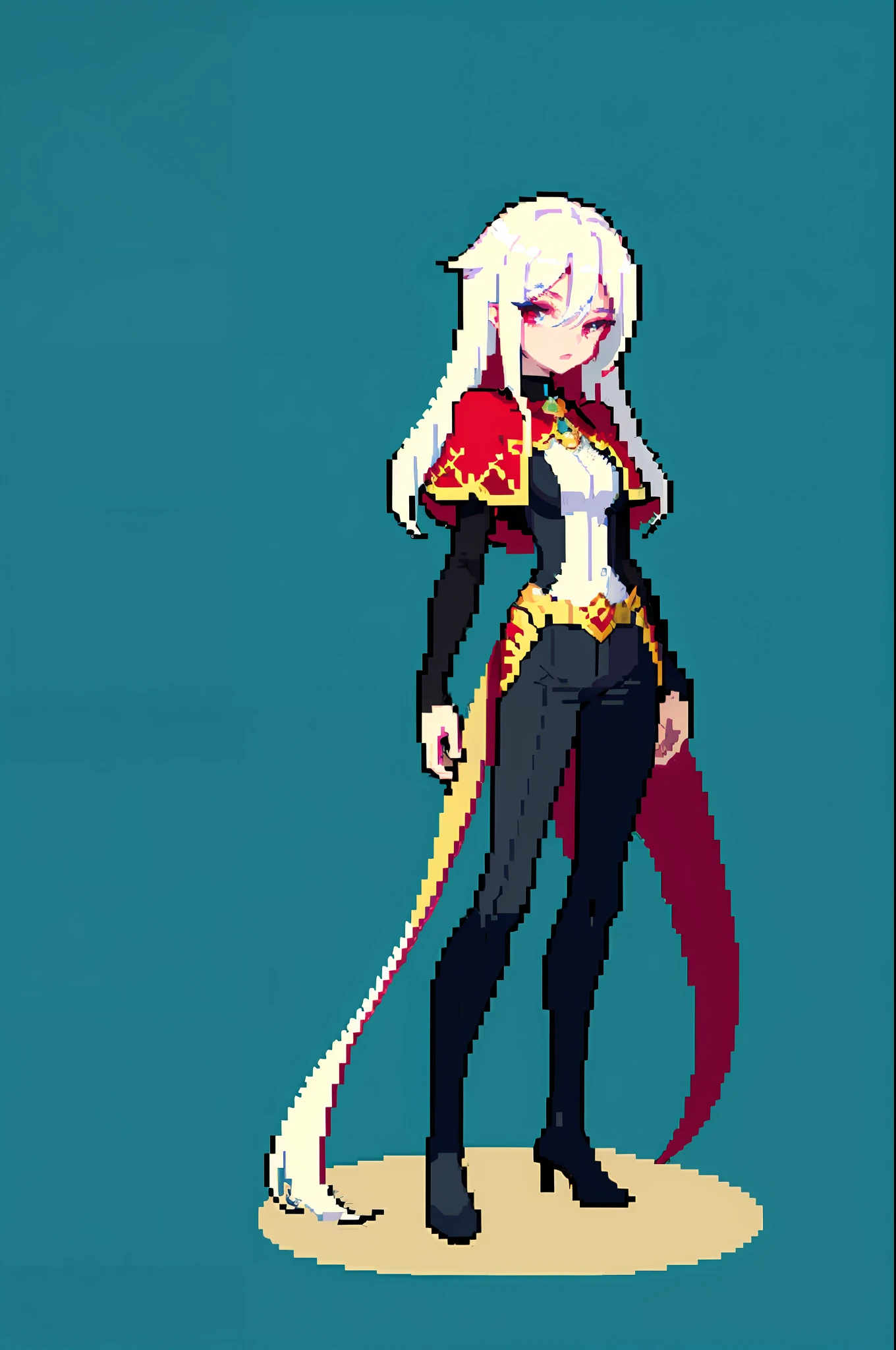 (masterpiece, top quality, best quality), pixel, pixel art, 1person, androgynous, full body, red capelet, long white hair, hair between eyes, red upturned eyes, black pants
